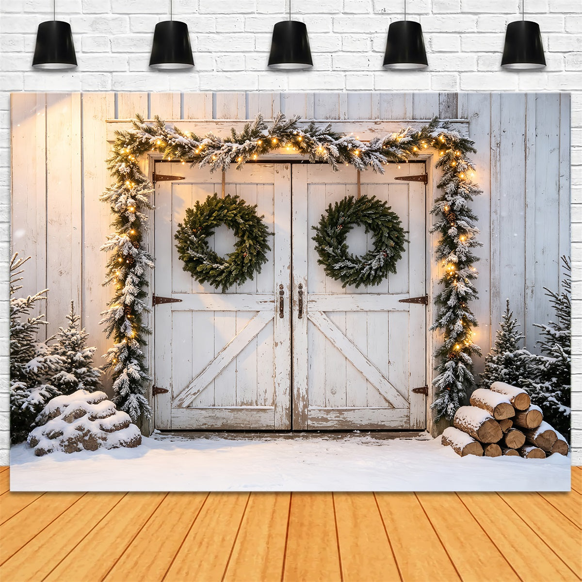 Weihnachtskulisse Mit Scheunentor Schneebedeckte Scheunentor-Girlande Weihnachtswand-Hintergrund CSH68-79