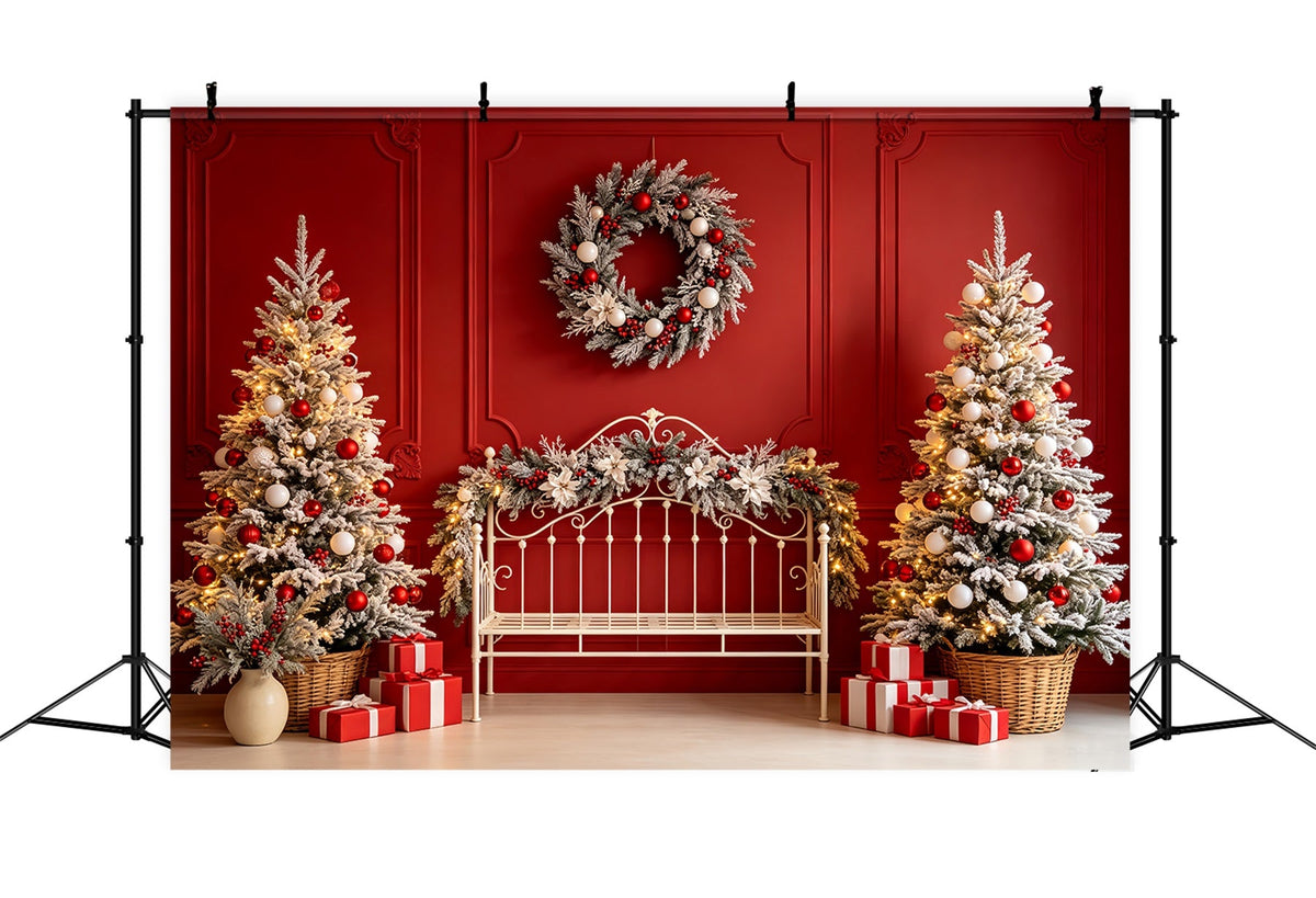 Weihnachtskopfteil-Hintergrund Rote Bank, Bereifte Bäume Weihnachts-Musselin-Hintergrund CSH68-80