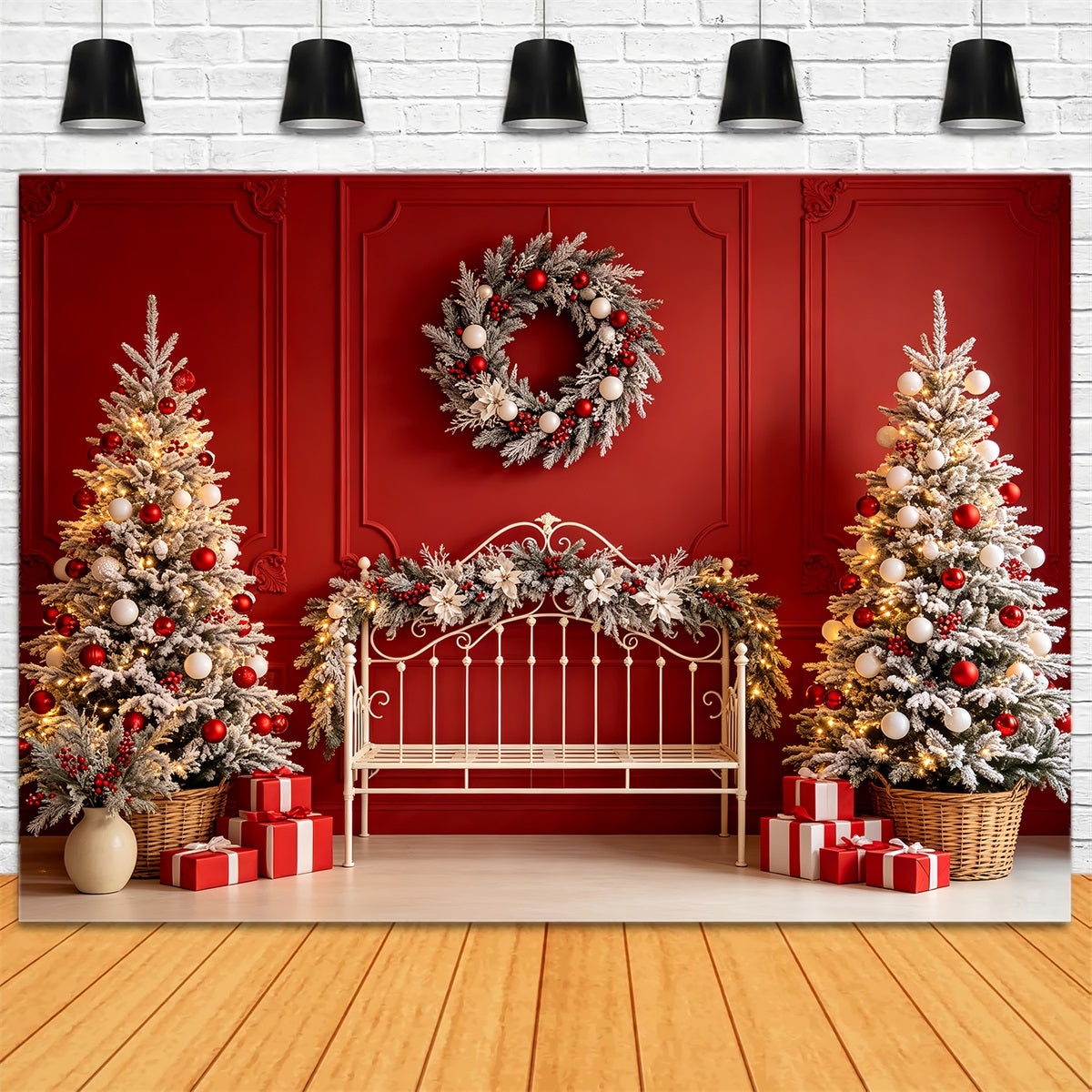 Weihnachtskopfteil-Hintergrund Rote Bank, Bereifte Bäume Weihnachts-Musselin-Hintergrund CSH68-80