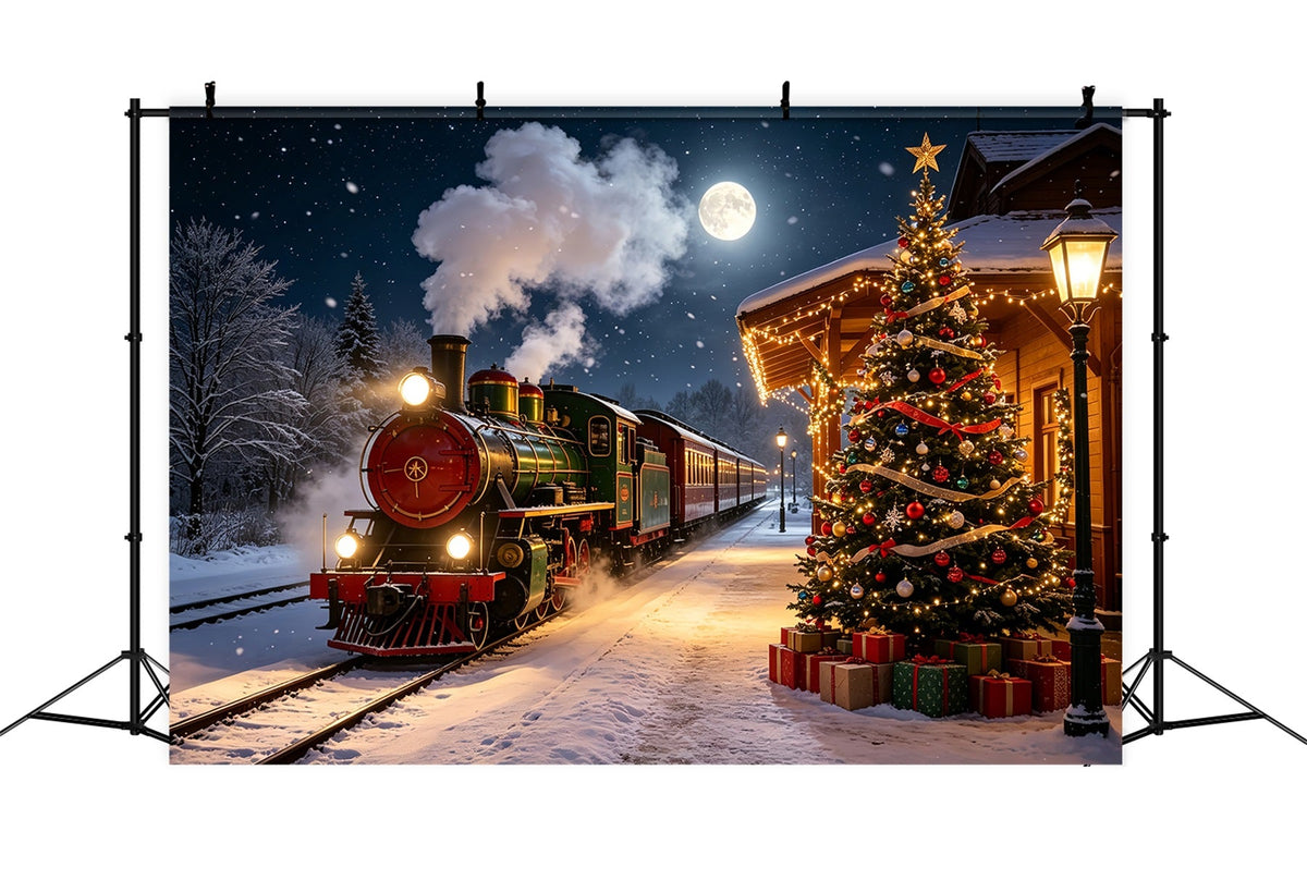 Weihnachtszug-Kulisse Schneebedeckte Bahnhofsbäume Weihnachtshintergründe Für Den Innenbereich CSH68-82