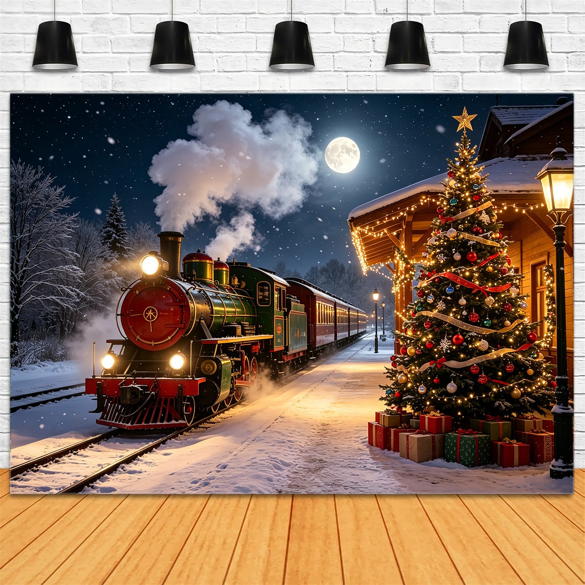 Weihnachtszug-Kulisse Schneebedeckte Bahnhofsbäume Weihnachtshintergründe Für Den Innenbereich CSH68-82