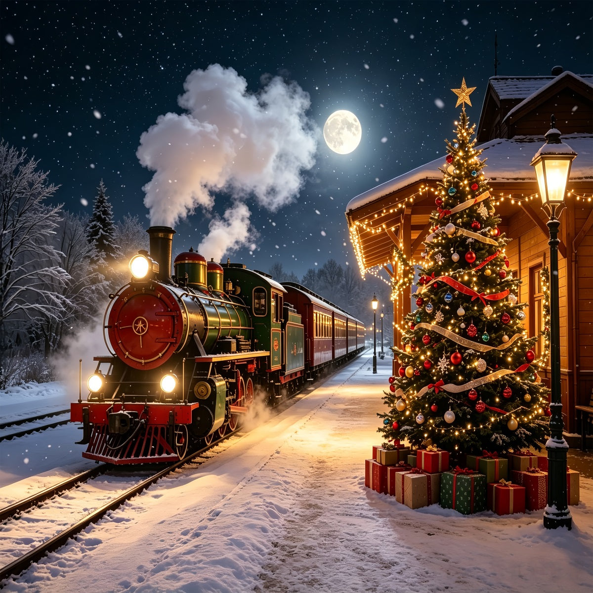 Weihnachtszug-Kulisse Schneebedeckte Bahnhofsbäume Weihnachtshintergründe Für Den Innenbereich CSH68-82