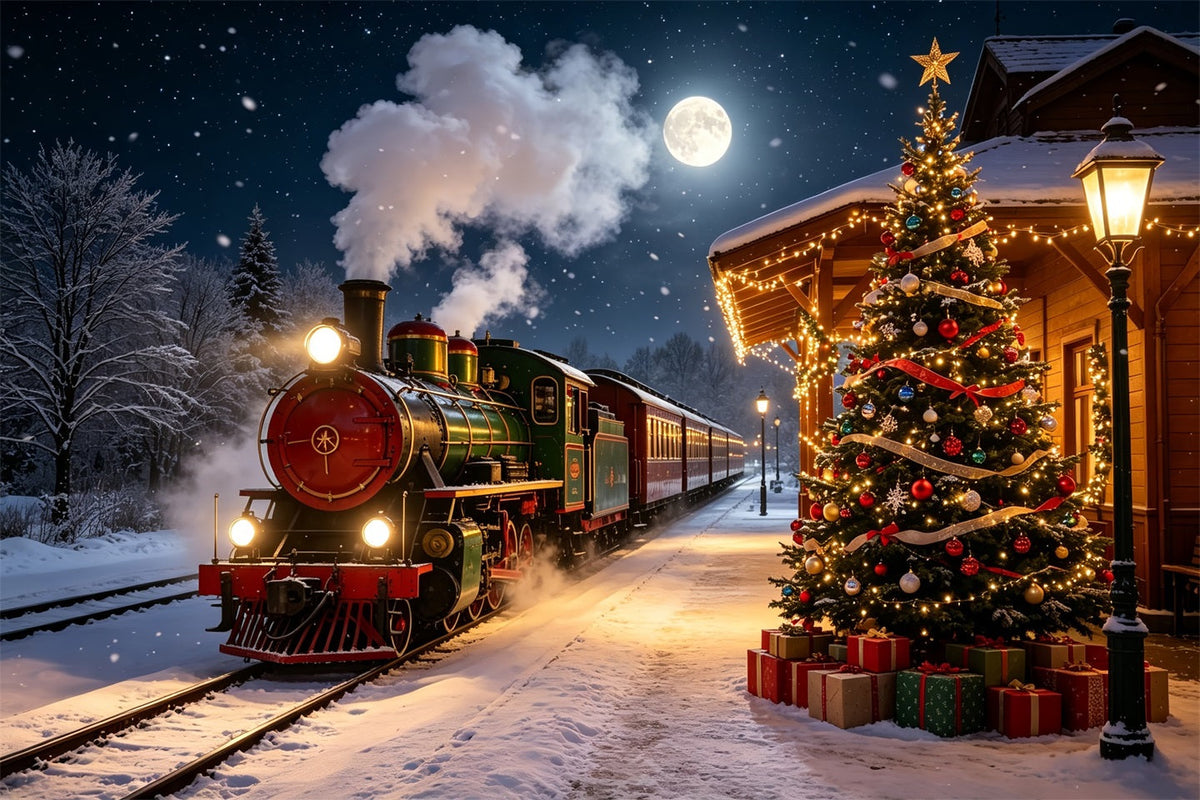 Weihnachtszug-Kulisse Schneebedeckte Bahnhofsbäume Weihnachtshintergründe Für Den Innenbereich CSH68-82