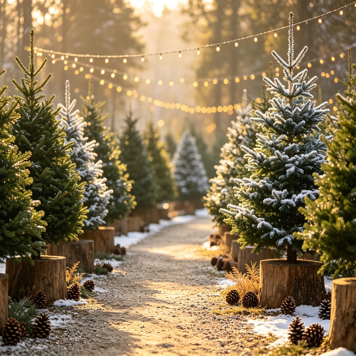 Weihnachtsbaum-Hintergrund Schneebedeckte Kiefernwege Weihnachtshintergrund Aus Musselin CSH68-85
