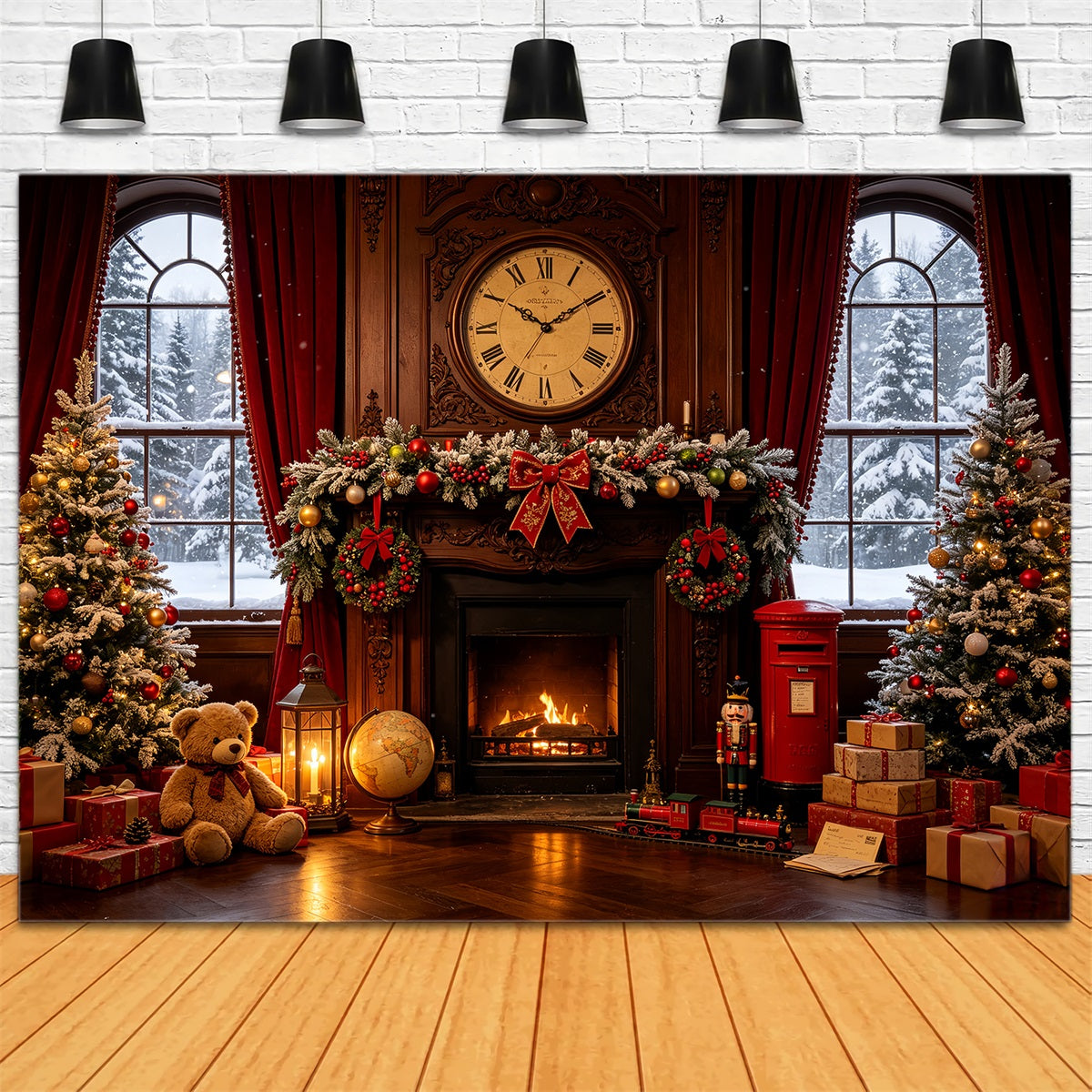 Vintage-Weihnachtskulisse Vintage Kaminuhrzimmer Weihnachts-Fotohintergründe CSH68-87