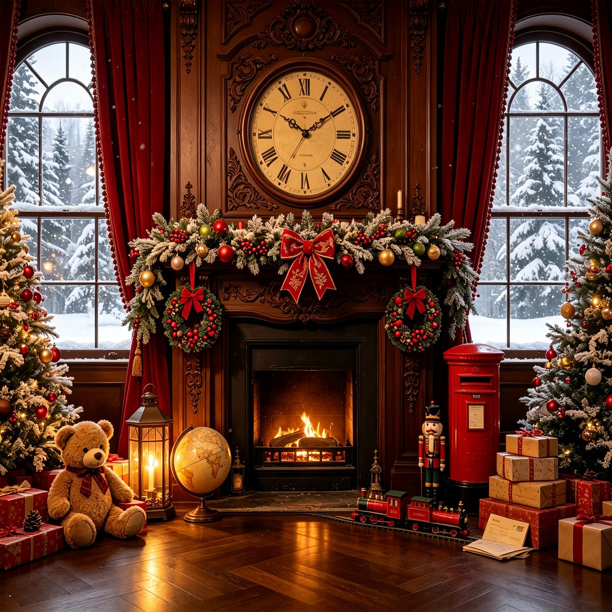 Vintage-Weihnachtskulisse Vintage Kaminuhrzimmer Weihnachts-Fotohintergründe CSH68-87