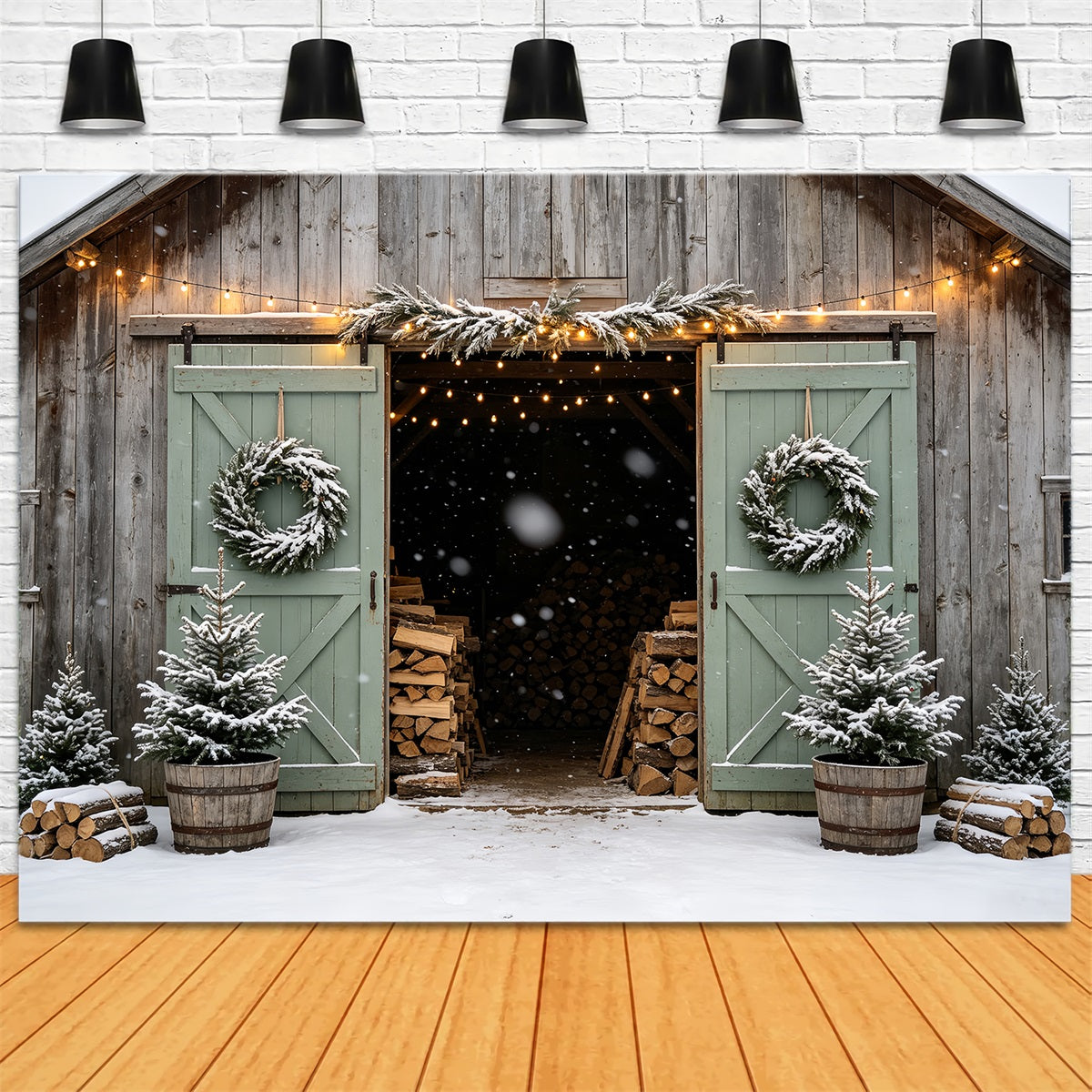 Weihnachts-Scheunentor-Hintergrund Eingang Zur Verschneiten Scheune Weihnachtskulissen CSH68-90