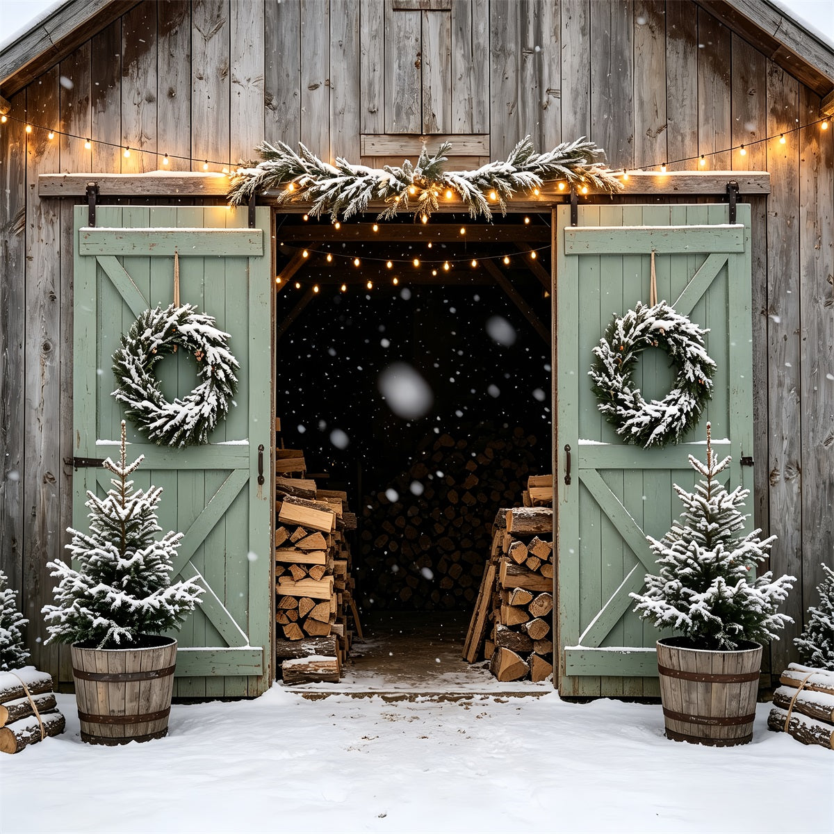 Weihnachts-Scheunentor-Hintergrund Eingang Zur Verschneiten Scheune Weihnachtskulissen CSH68-90