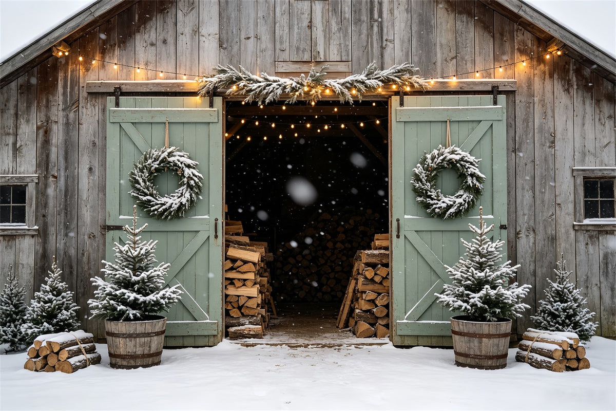 Weihnachts-Scheunentor-Hintergrund Eingang Zur Verschneiten Scheune Weihnachtskulissen CSH68-90