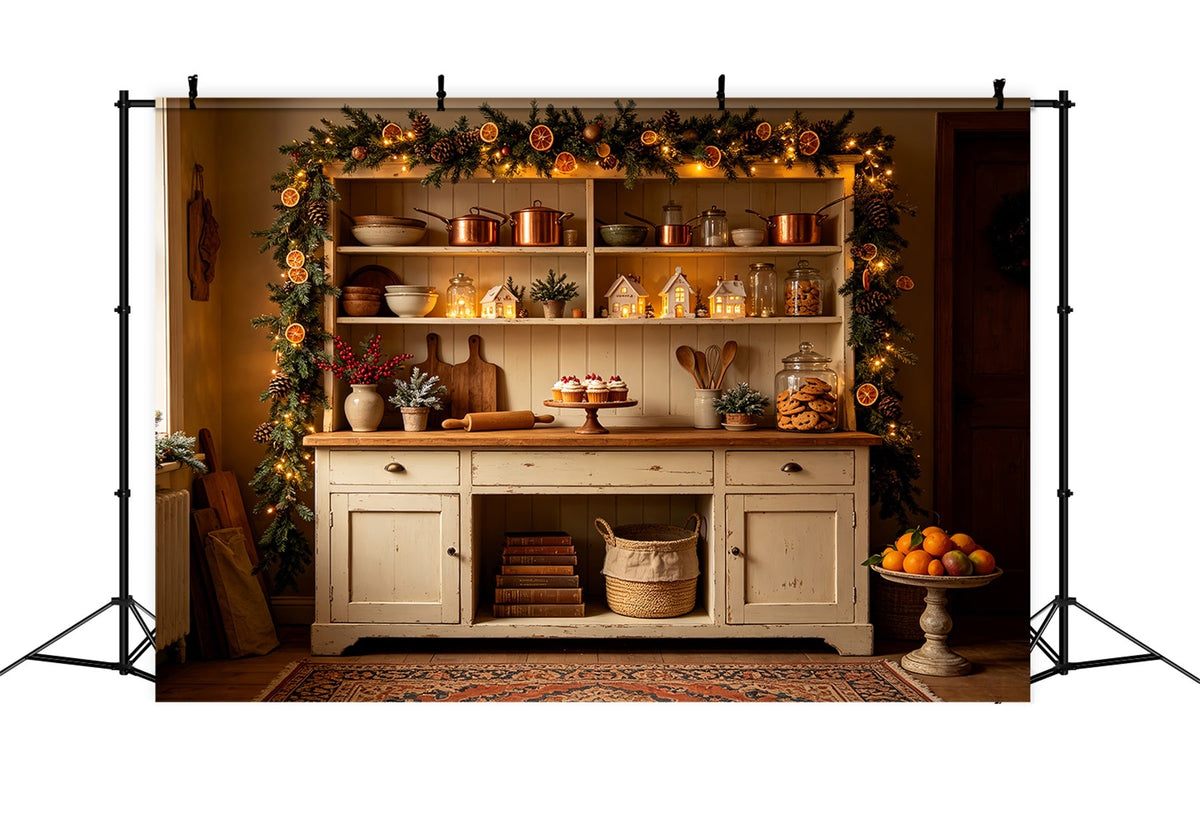 Weihnachtsküchen-Hintergrund Rustikale Orangengirlande Küche Weihnachtshintergrund CSH68-93