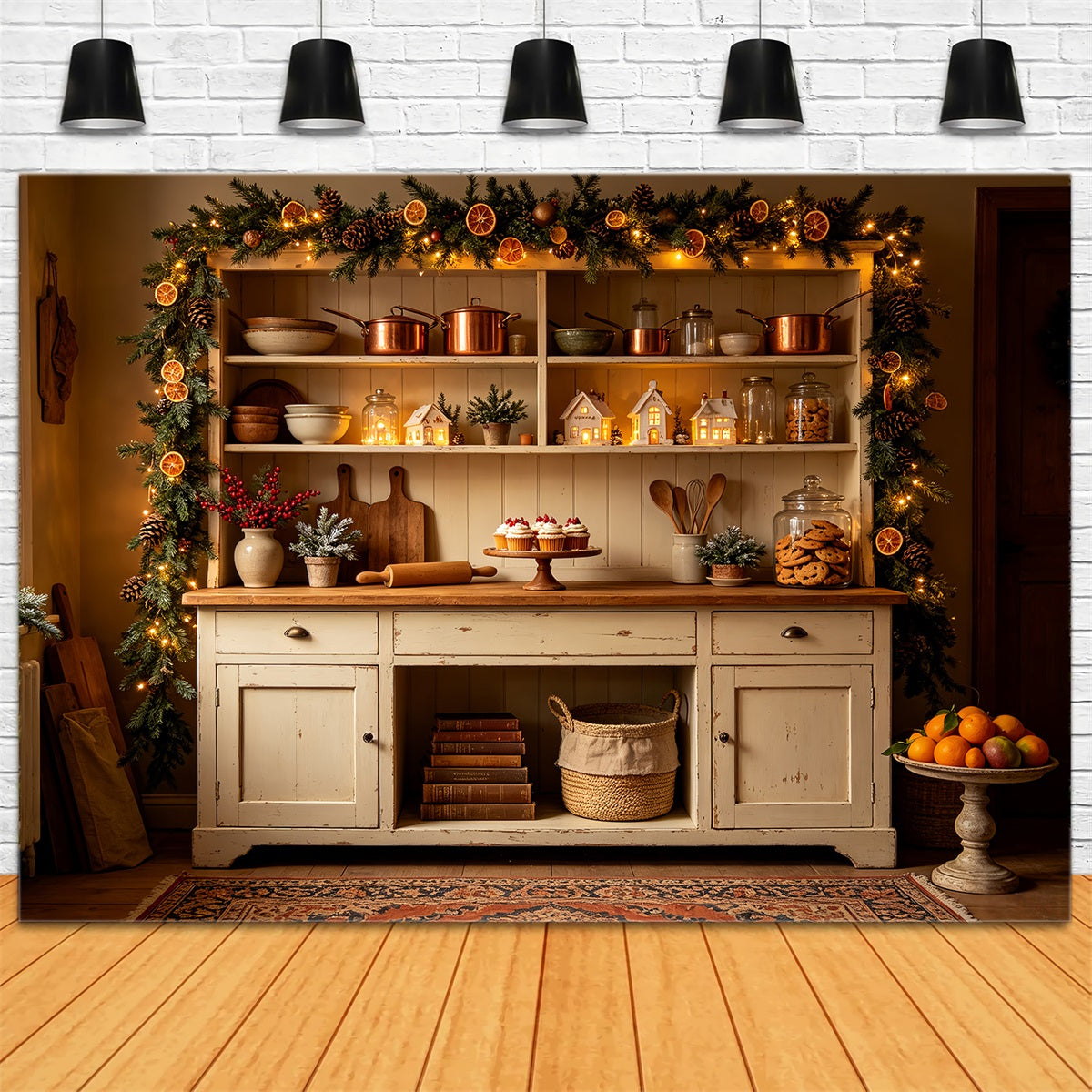 Weihnachtsküchen-Hintergrund Rustikale Orangengirlande Küche Weihnachtshintergrund CSH68-93