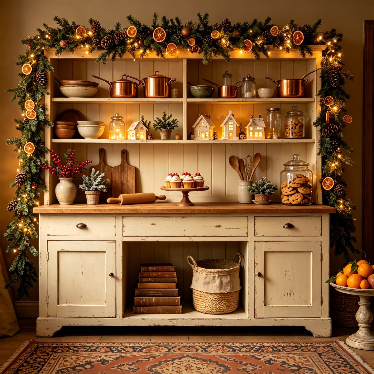 Weihnachtsküchen-Hintergrund Rustikale Orangengirlande Küche Weihnachtshintergrund CSH68-93