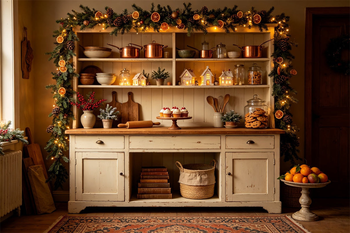 Weihnachtsküchen-Hintergrund Rustikale Orangengirlande Küche Weihnachtshintergrund CSH68-93