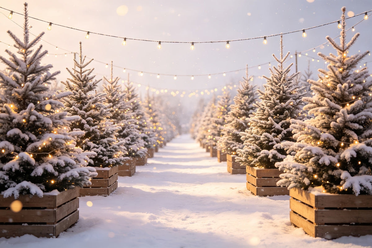 Kulisse Für Eine Weihnachtsbaumfarm Lichtpfad Aus Verschneiten Kiefern Weihnachtsfotohintergrund CSH68-97