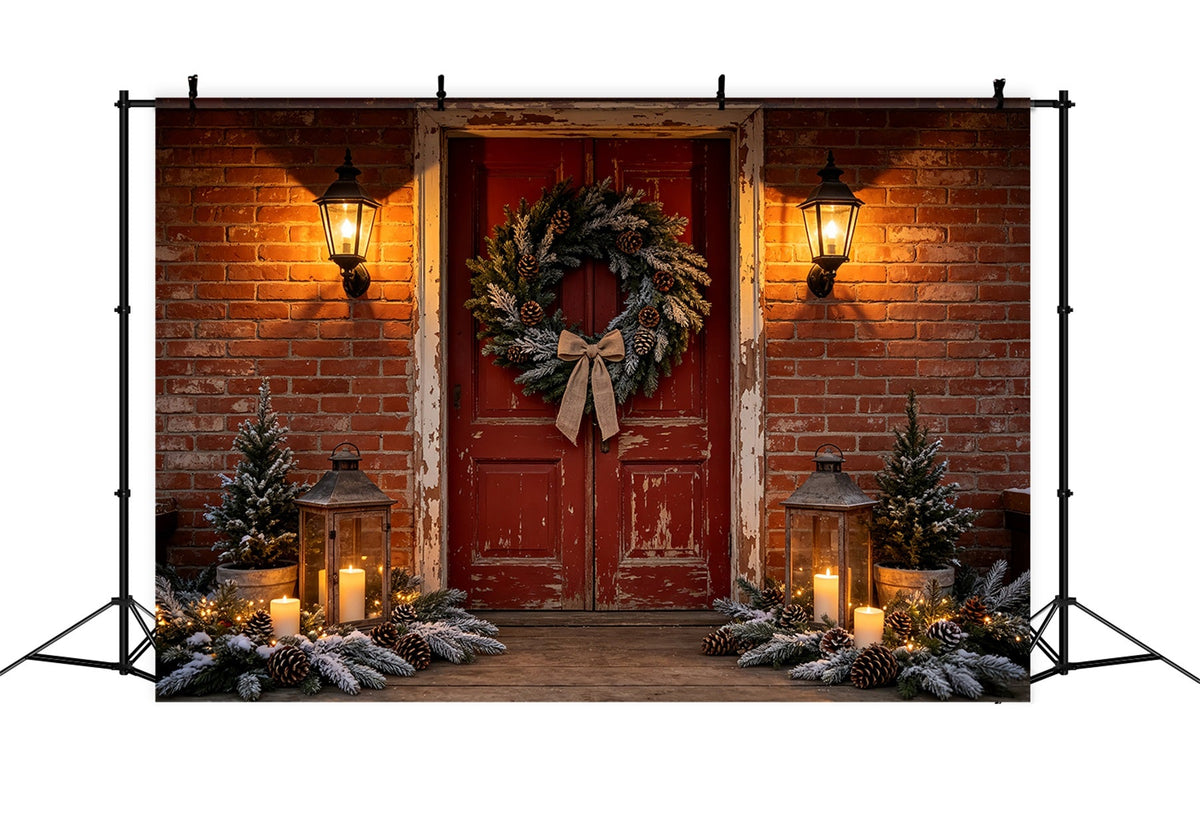 Weihnachtshaus-Kulisse Eingang Mit Ziegelsteintür Und Kranz Weihnachtswand-Hintergrund CSH68-99