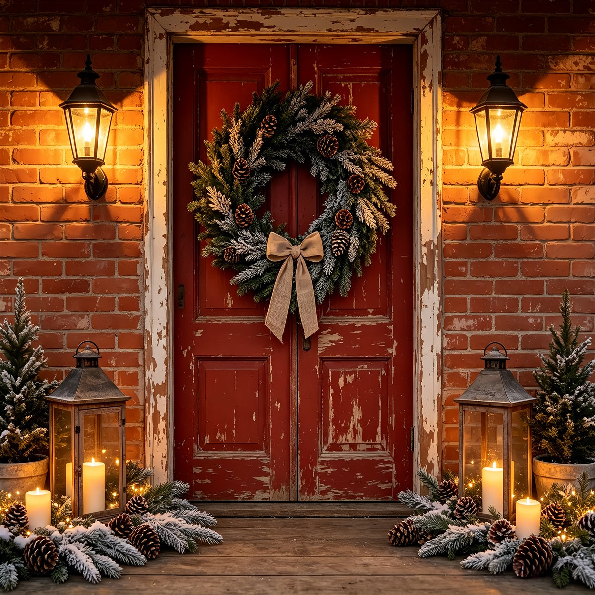 Weihnachtshaus-Kulisse Eingang Mit Ziegelsteintür Und Kranz Weihnachtswand-Hintergrund CSH68-99
