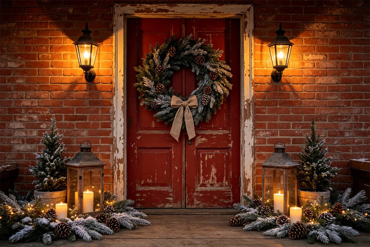 Weihnachtshaus-Kulisse Eingang Mit Ziegelsteintür Und Kranz Weihnachtswand-Hintergrund CSH68-99