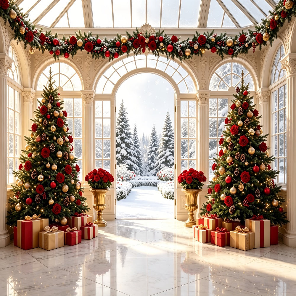 Weihnachtstür-Hintergrund Rosengarten Mit Blick Auf Den Schnee Große Weihnachtskulisse CSH69-1