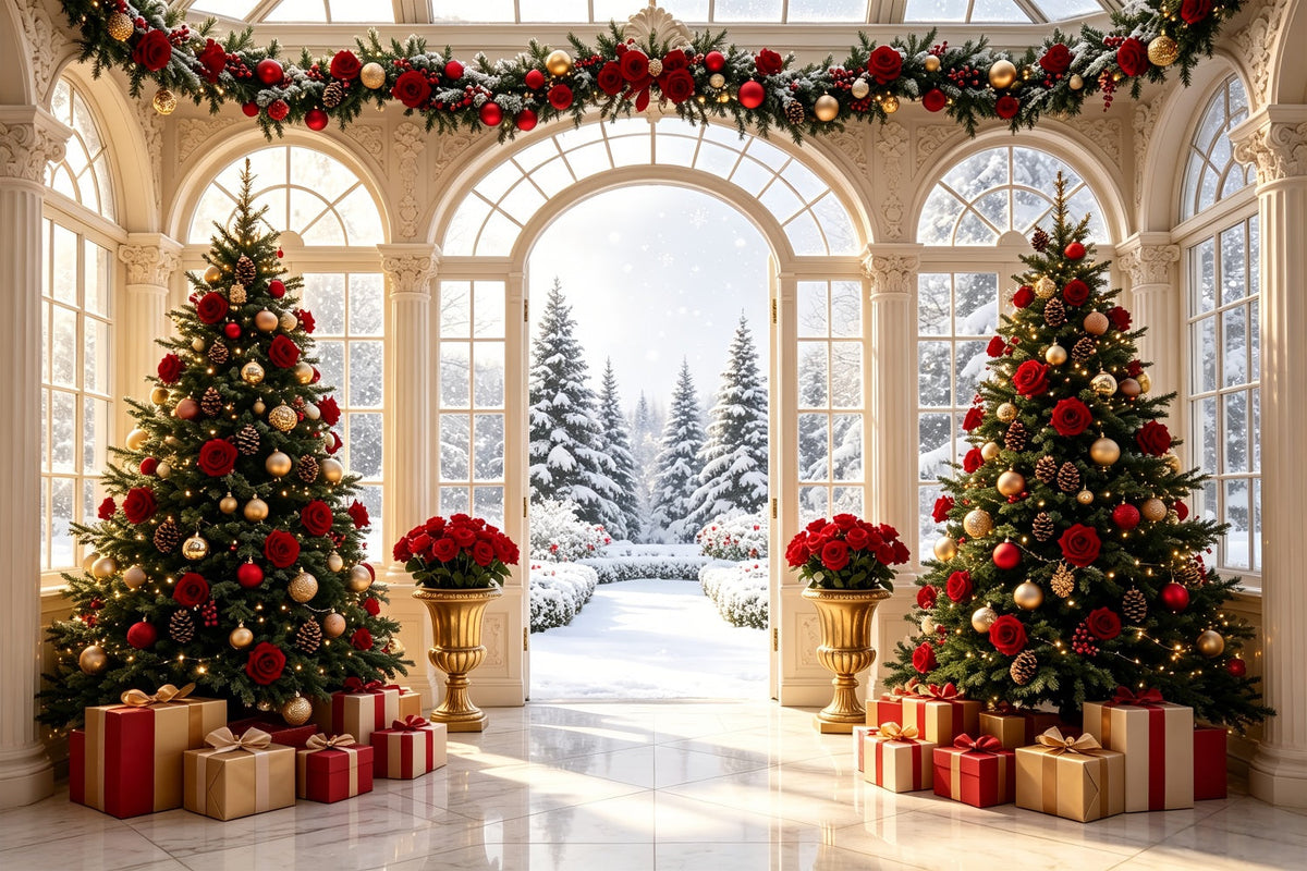 Weihnachtstür-Hintergrund Rosengarten Mit Blick Auf Den Schnee Große Weihnachtskulisse CSH69-1