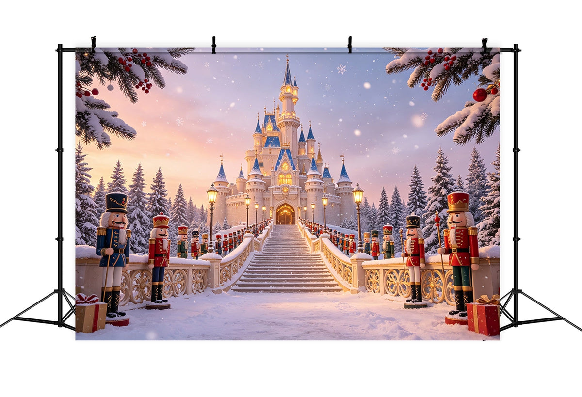Weihnachts-Nussknacker-Hintergrund Eingang Zum Schloss Im Verschneiten Wald Studiohintergründe Weihnachten CSH69-10