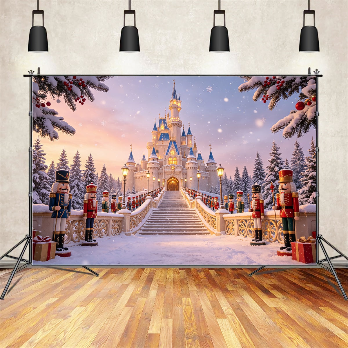 Weihnachts-Nussknacker-Hintergrund Eingang Zum Schloss Im Verschneiten Wald Studiohintergründe Weihnachten CSH69-10