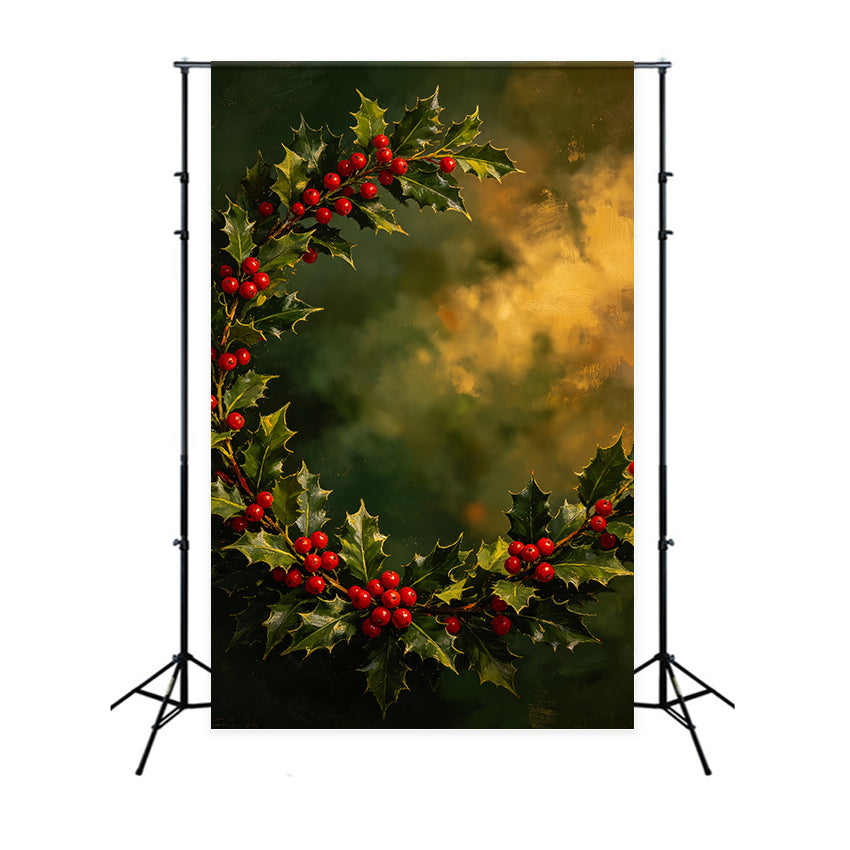 Weihnachts-Porträt-Hintergrund Bemalter Kranz Aus Stechpalmenbeeren Weihnachts-Fotohintergrund CSH69-103