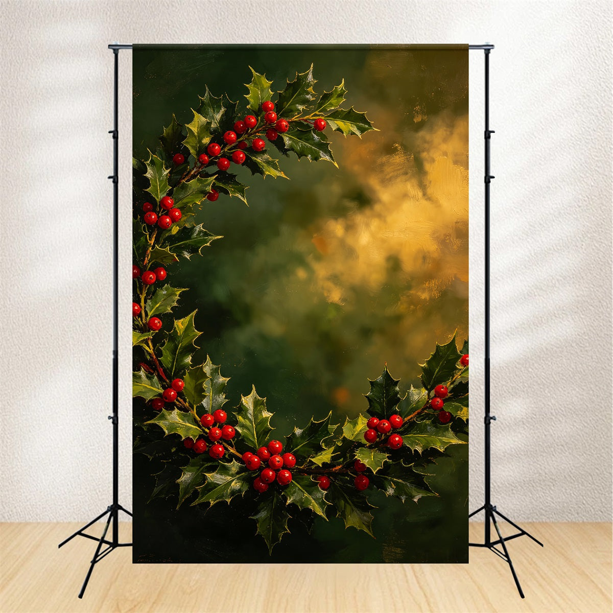 Weihnachts-Porträt-Hintergrund Bemalter Kranz Aus Stechpalmenbeeren Weihnachts-Fotohintergrund CSH69-103