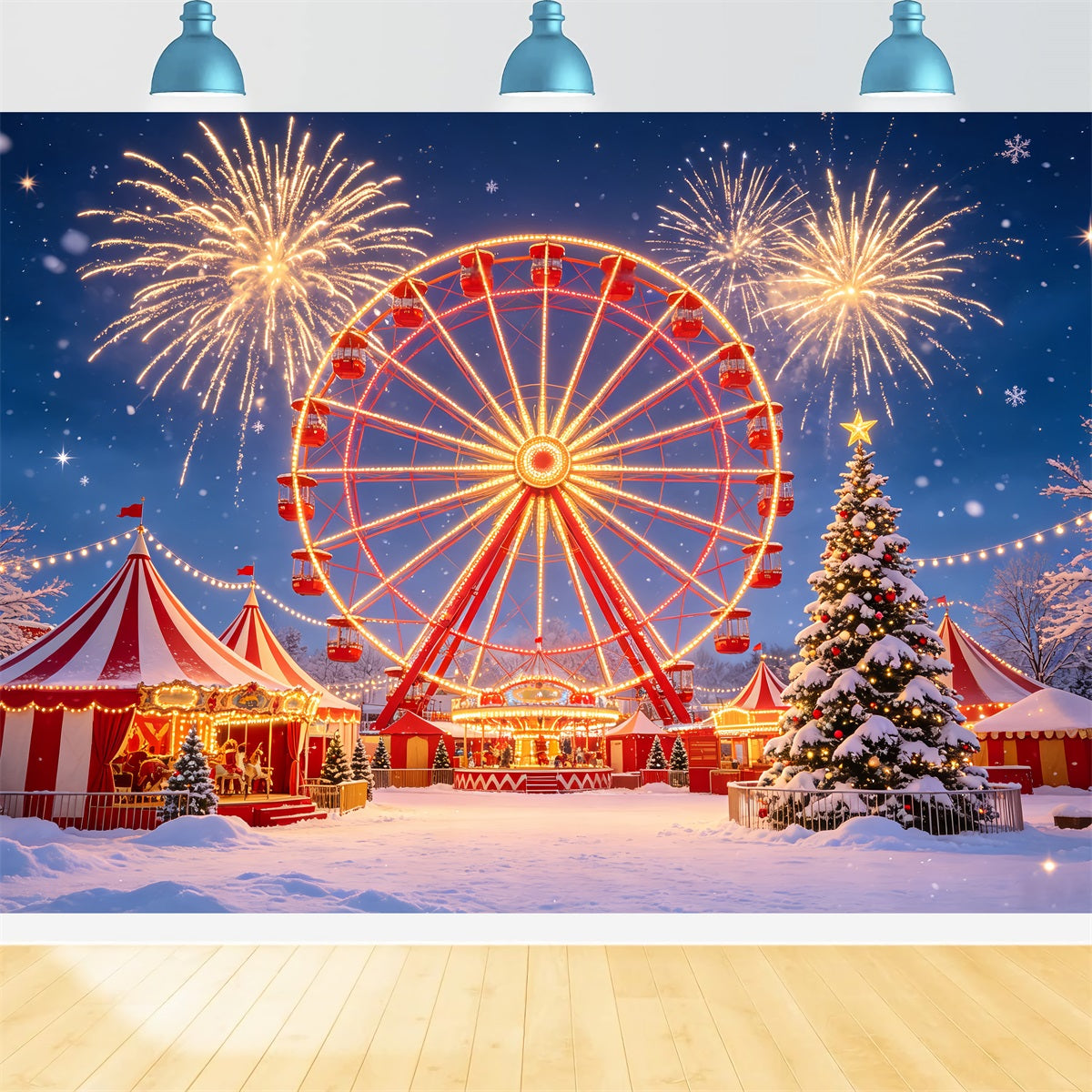 Weihnachtskulisse Für Partys Feuerwerk Am Verschneiten Riesenrad Weihnachtsfeier-Hintergrund CSH69-105
