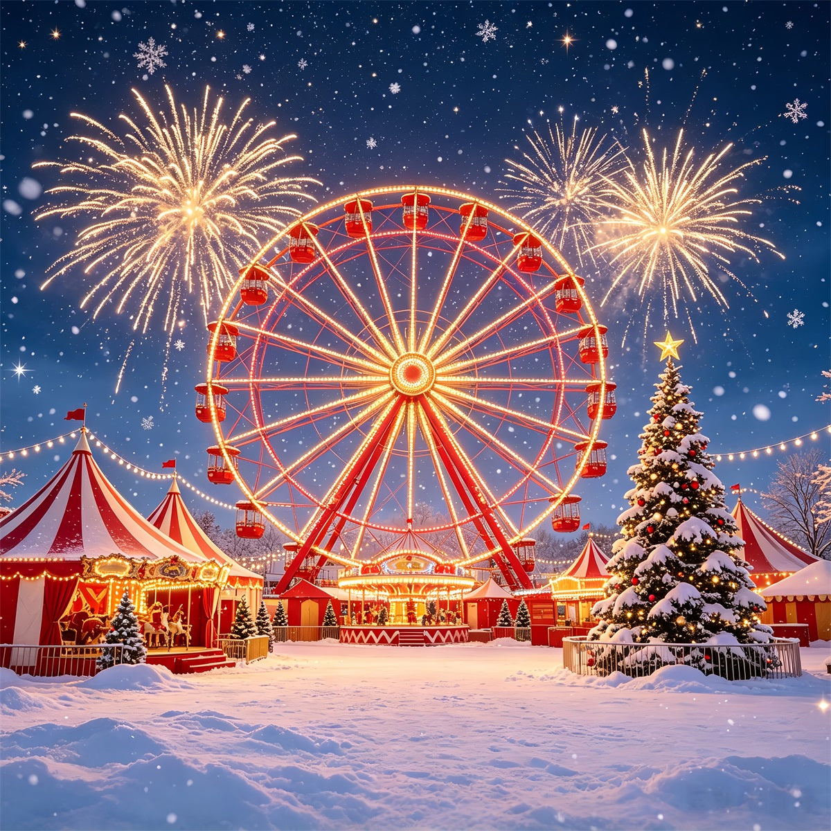 Weihnachtskulisse Für Partys Feuerwerk Am Verschneiten Riesenrad Weihnachtsfeier-Hintergrund CSH69-105