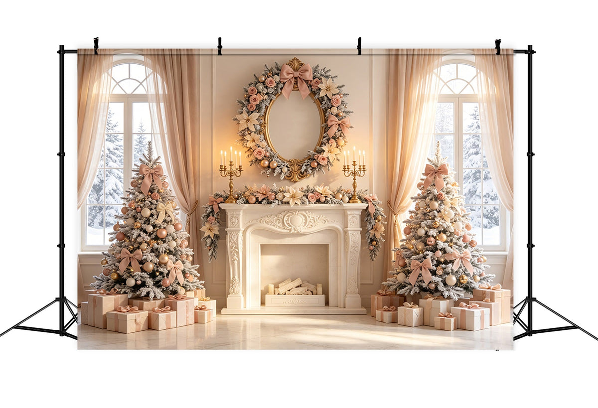 Elegante Weihnachtskulisse Kamindekoration Mit Rosafarbenem Blumenmuster Weihnachtsfotohintergrund CSH69-11