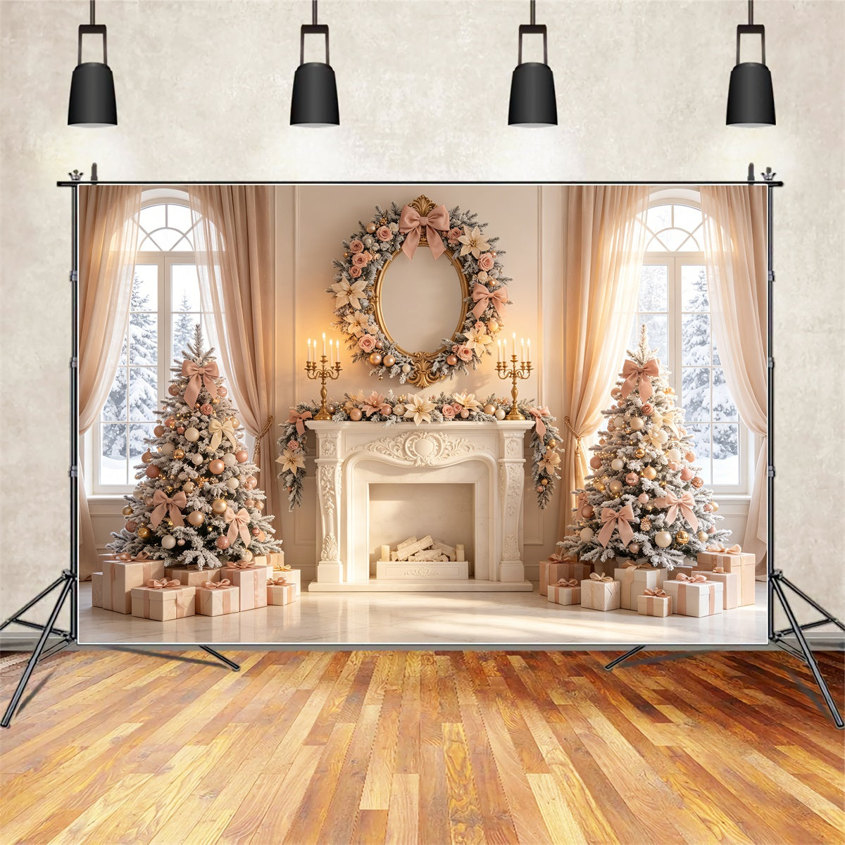 Elegante Weihnachtskulisse Kamindekoration Mit Rosafarbenem Blumenmuster Weihnachtsfotohintergrund CSH69-11