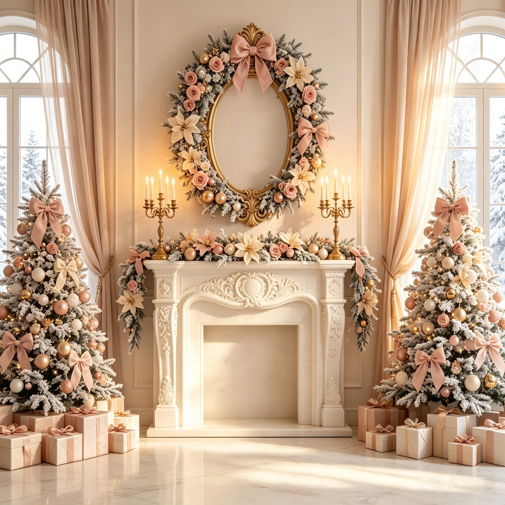 Elegante Weihnachtskulisse Kamindekoration Mit Rosafarbenem Blumenmuster Weihnachtsfotohintergrund CSH69-11