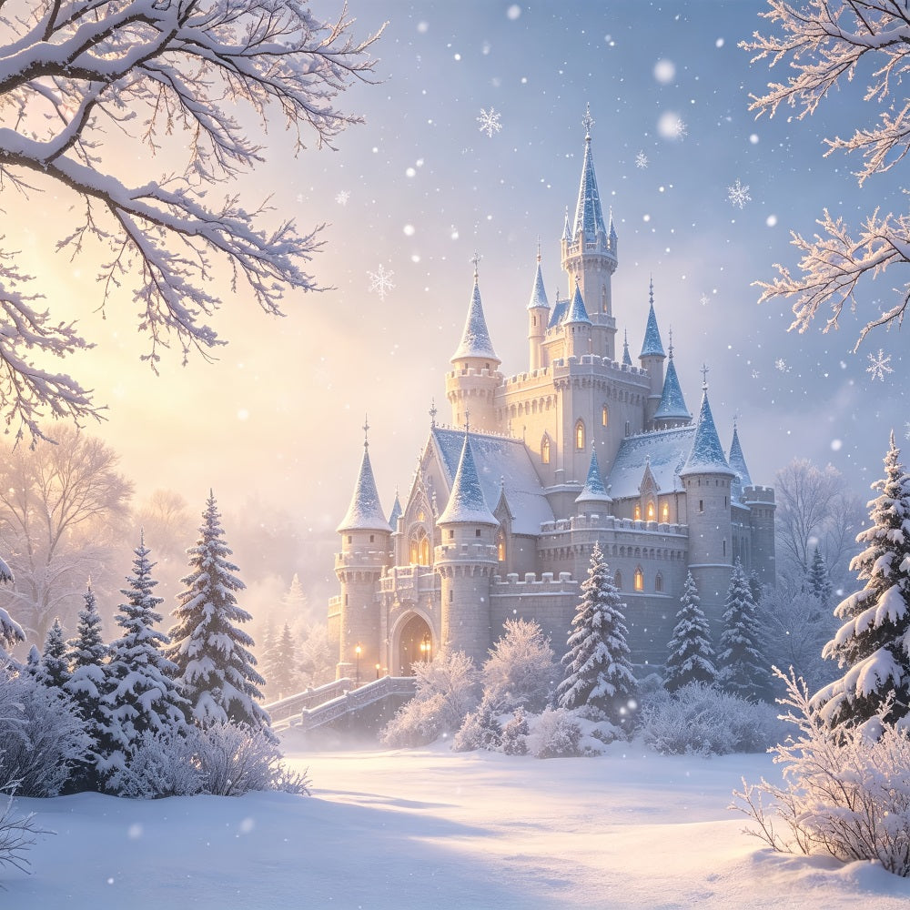 Weihnachtswunderland-Kulisse Schneebedecktes Schloss Winterwald Weihnachts-Studiohintergründe CSH69-13