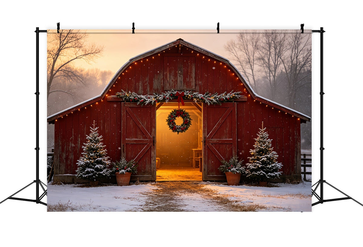 Weihnachtsbauernhof-Kulisse Eingang Zur Schneeweißen Roten Scheune Weihnachts-Musselin-Hintergrund CSH69-17
