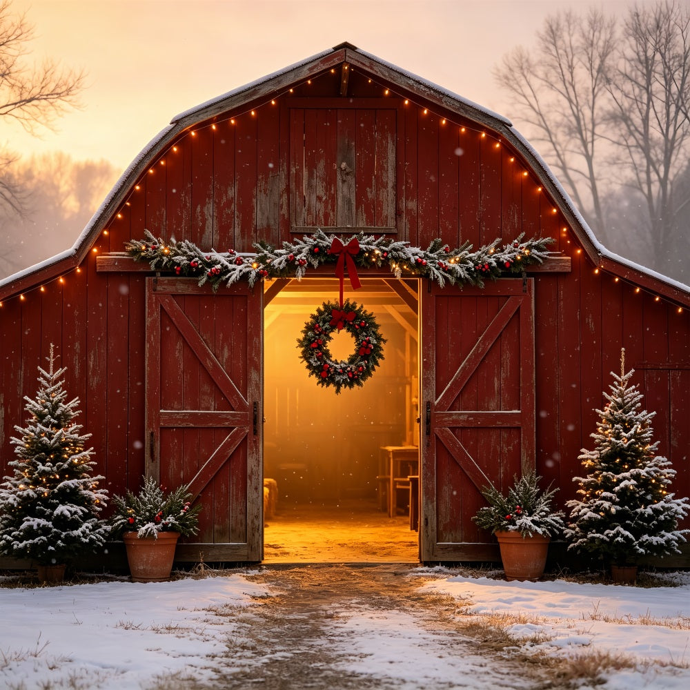 Weihnachtsbauernhof-Kulisse Eingang Zur Schneeweißen Roten Scheune Weihnachts-Musselin-Hintergrund CSH69-17