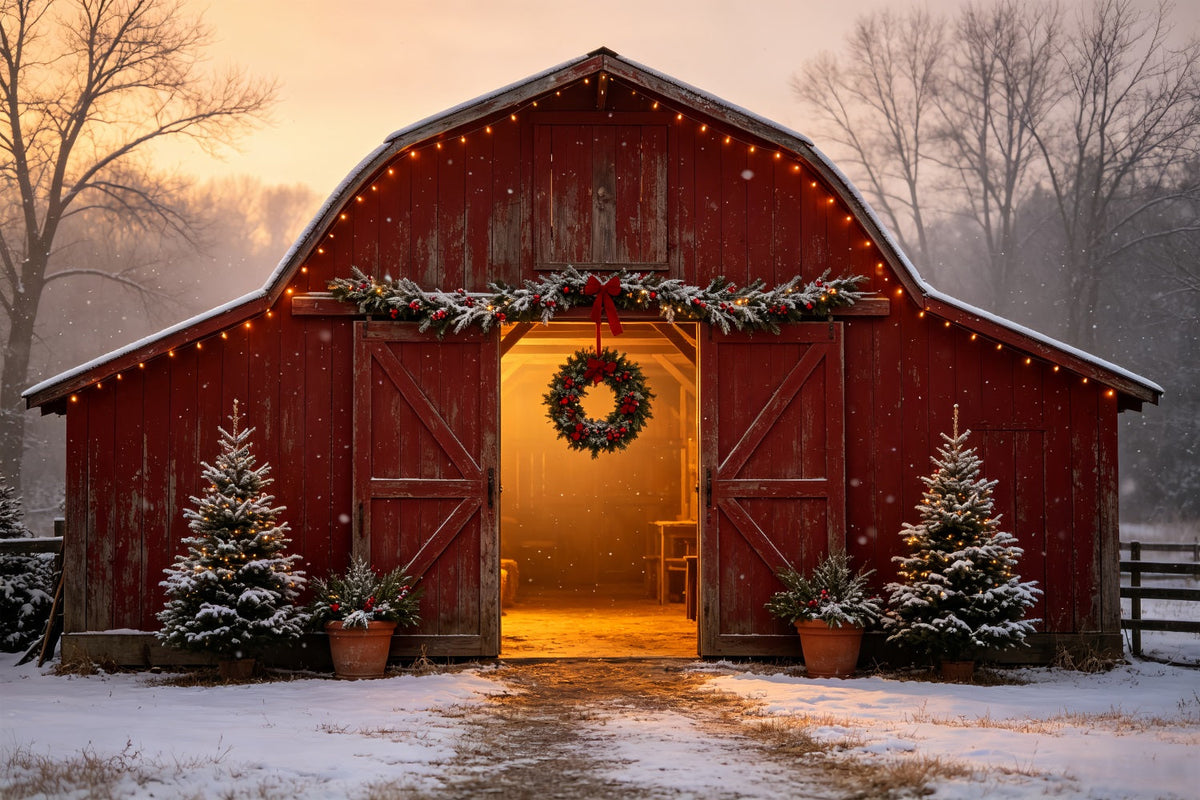 Weihnachtsbauernhof-Kulisse Eingang Zur Schneeweißen Roten Scheune Weihnachts-Musselin-Hintergrund CSH69-17