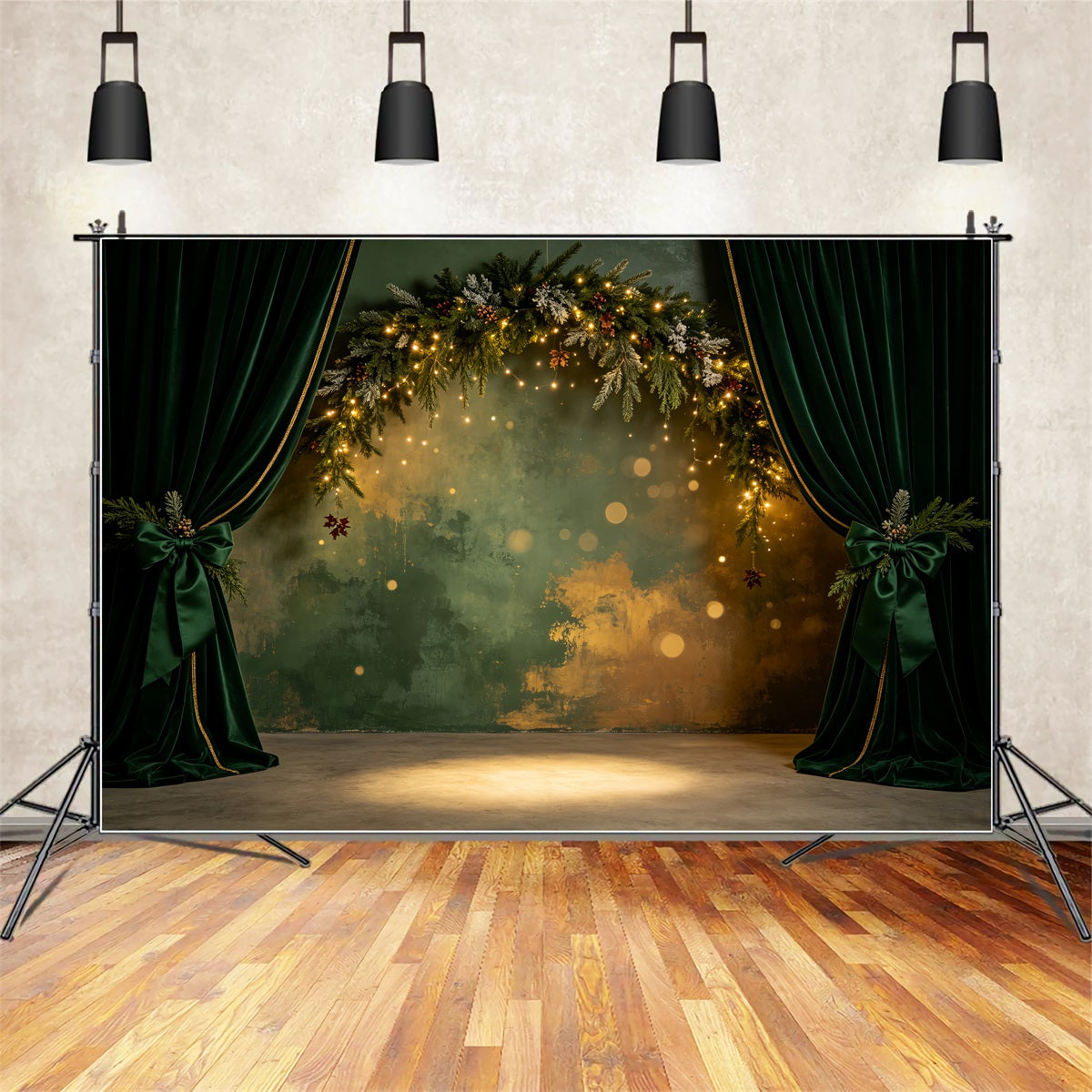 Weihnachtswand-Hintergrund Smaragdgrüner Samtgirlandenbogen Weihnachtliche Indoor-Hintergrundkulisse CSH69-18