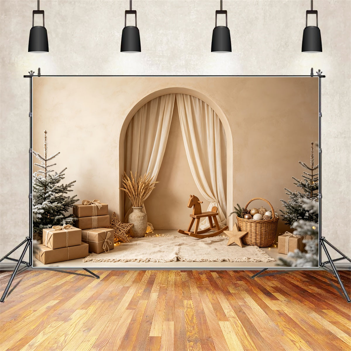 Boho-Weihnachtskulisse Schaukelpferd Mit Neutralem Bogen Weihnachtshintergründe CSH69-2