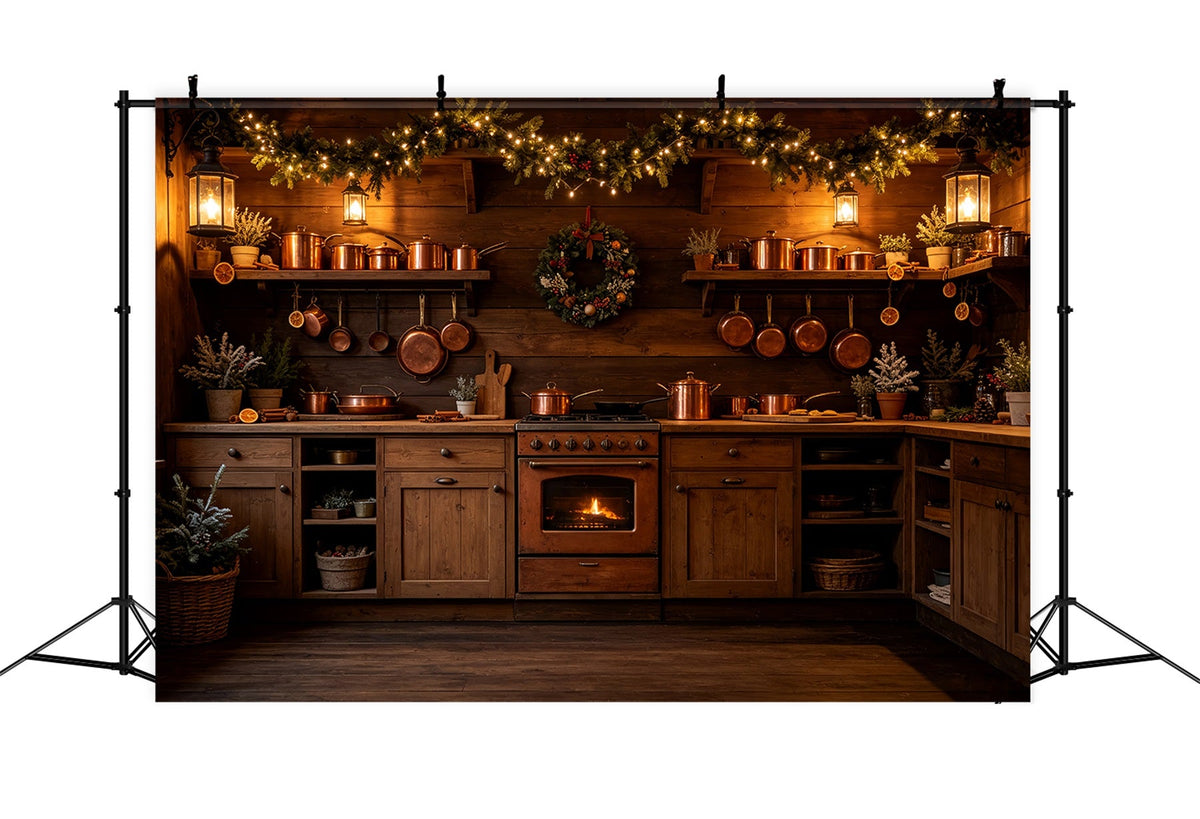 Weihnachtsküchen-Hintergrund Rustikale Kupferleuchten Für Den Kamin Weihnachtswand-Hintergrund CSH69-21