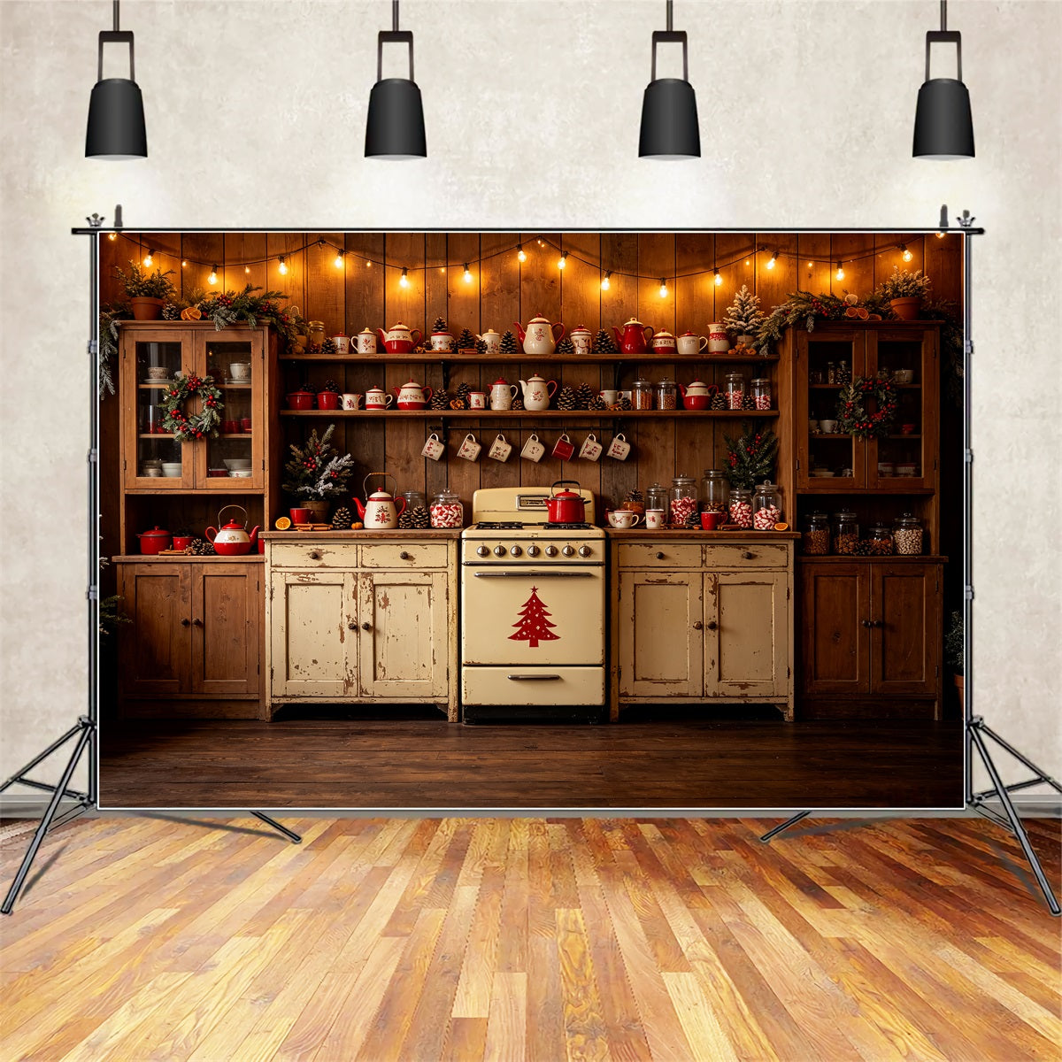 Weihnachtsküchen-Hintergrund Vintage-Teekannen-Display Weihnachtshintergrund Aus Musselin CSH69-22