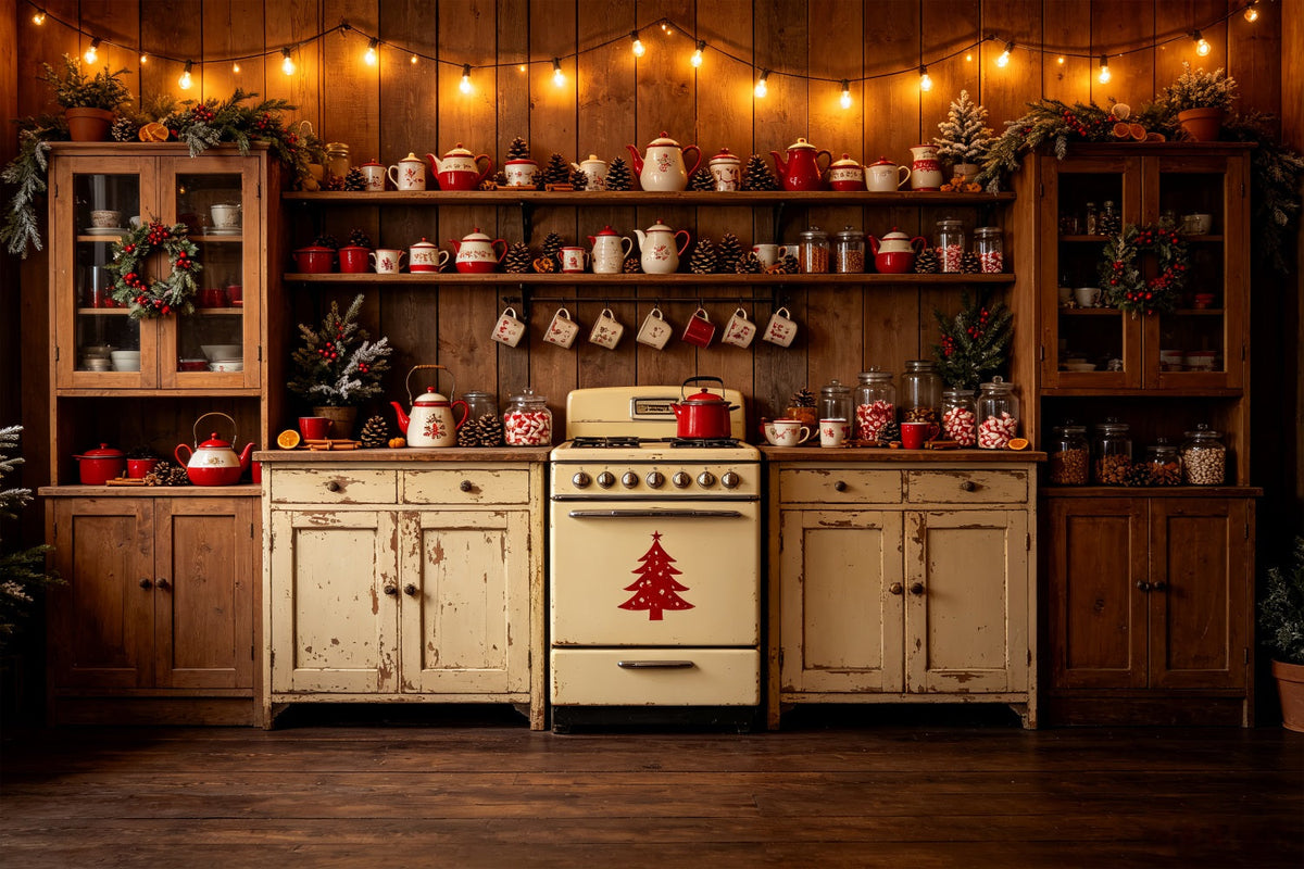 Weihnachtsküchen-Hintergrund Vintage-Teekannen-Display Weihnachtshintergrund Aus Musselin CSH69-22