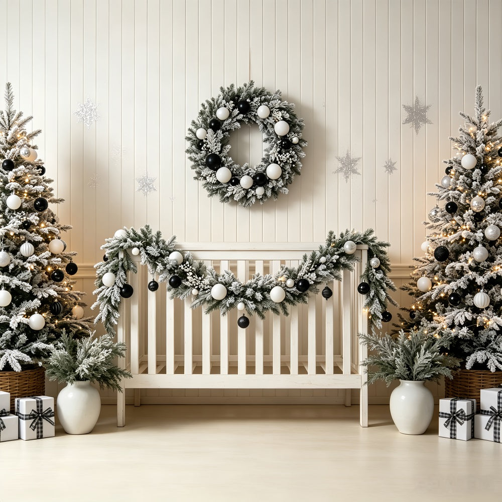 Weihnachtskopfteil-Hintergrund Schwarz-Weiße Kinderzimmerdekoration Musselin-Hintergrund Weihnachten CSH69-23