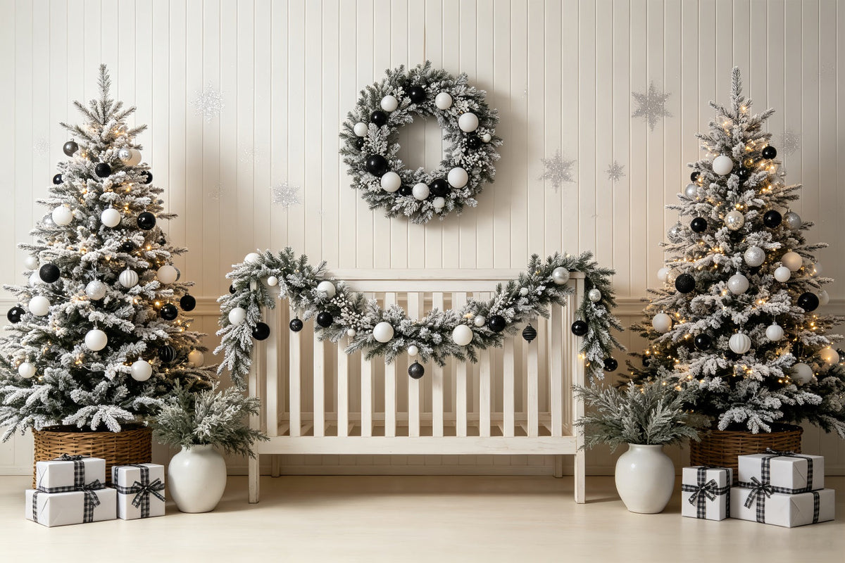 Weihnachtskopfteil-Hintergrund Schwarz-Weiße Kinderzimmerdekoration Musselin-Hintergrund Weihnachten CSH69-23
