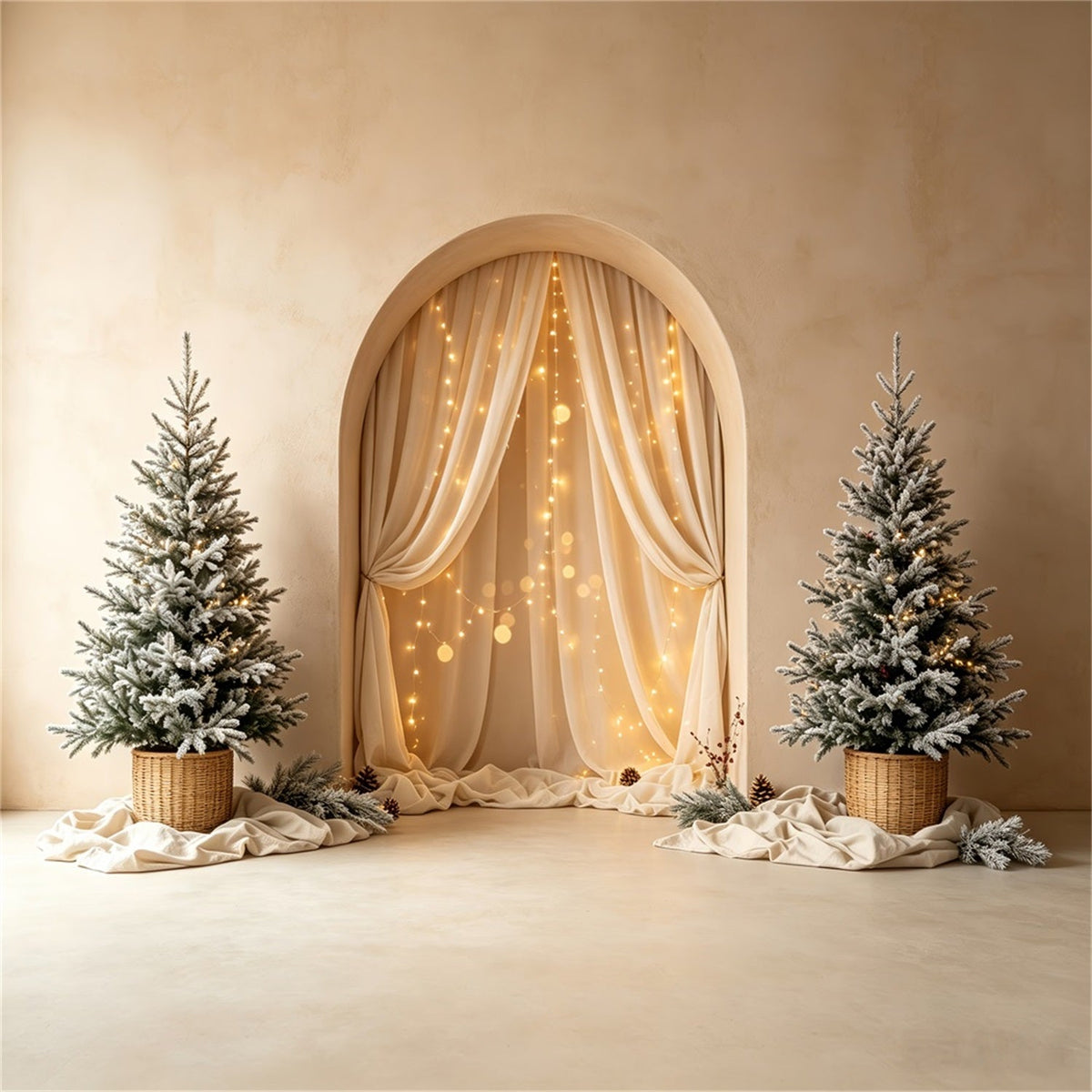 Boho-Weihnachtskulisse Sanftes, Bogenförmiges Baumleuchten Weihnachts-Fotohintergründe CSH69-24