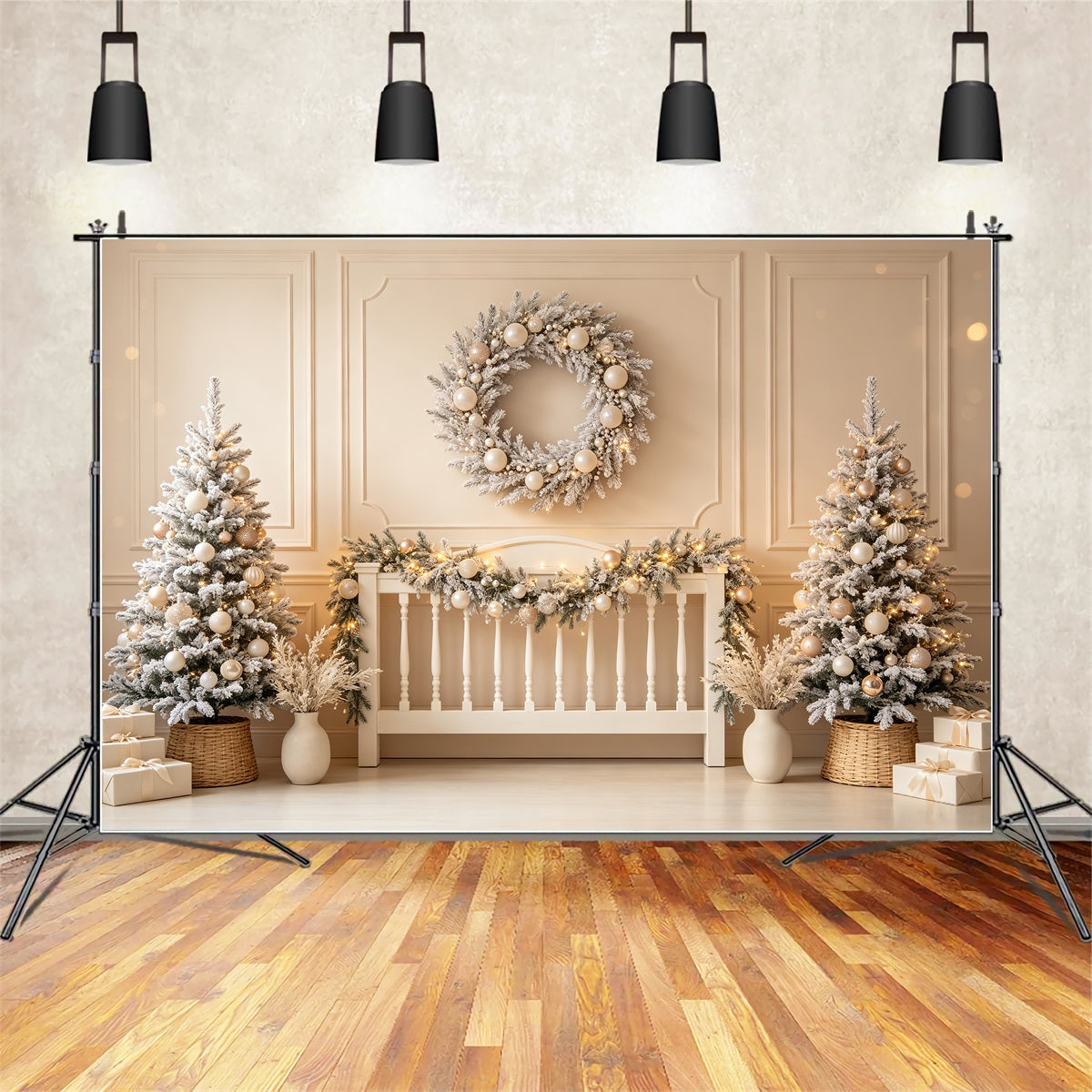 Weihnachtskopfteil-Hintergrund Elfenbeinfarbener Mattierter Kranz Weihnachts-Fotohintergründe CSH69-29