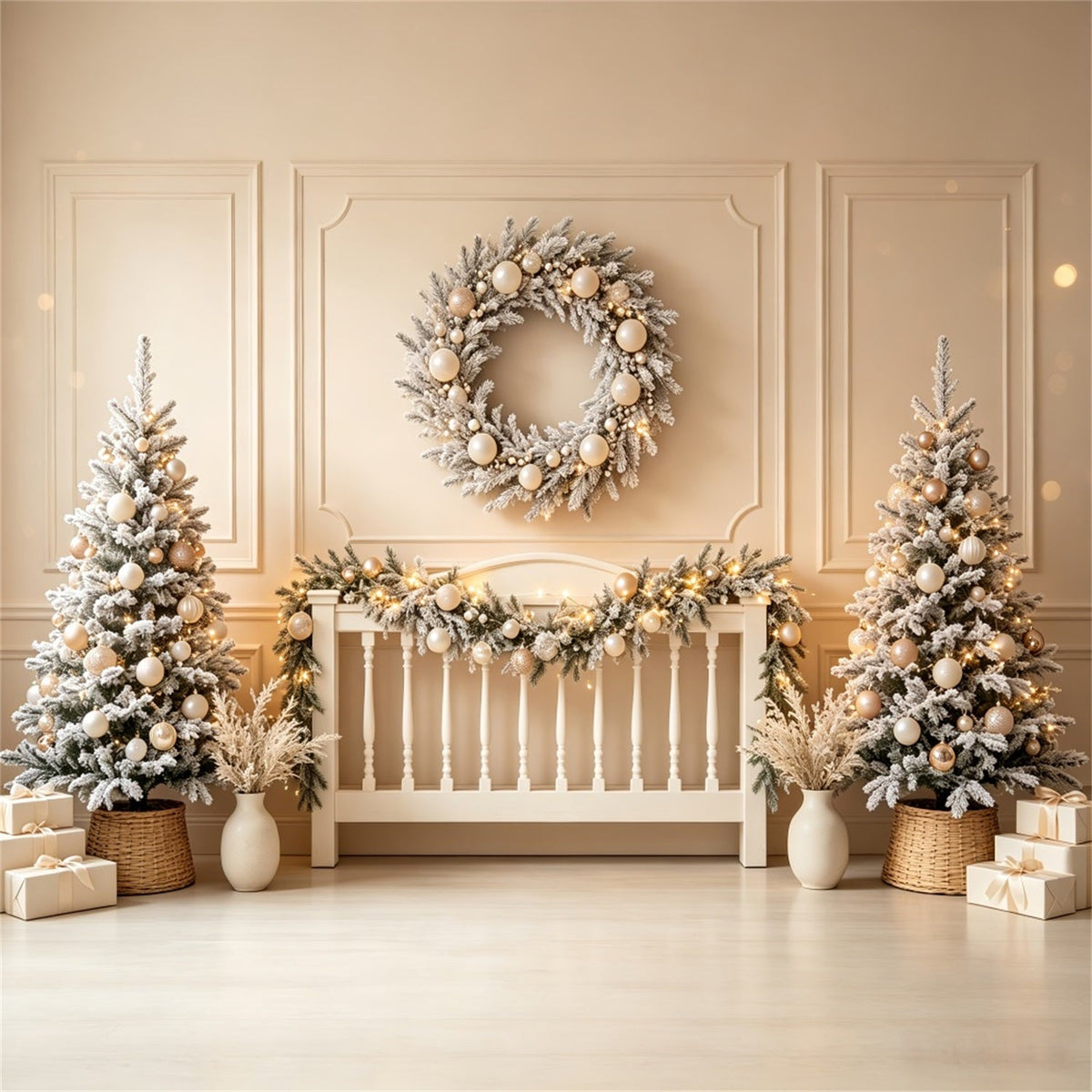 Weihnachtskopfteil-Hintergrund Elfenbeinfarbener Mattierter Kranz Weihnachts-Fotohintergründe CSH69-29