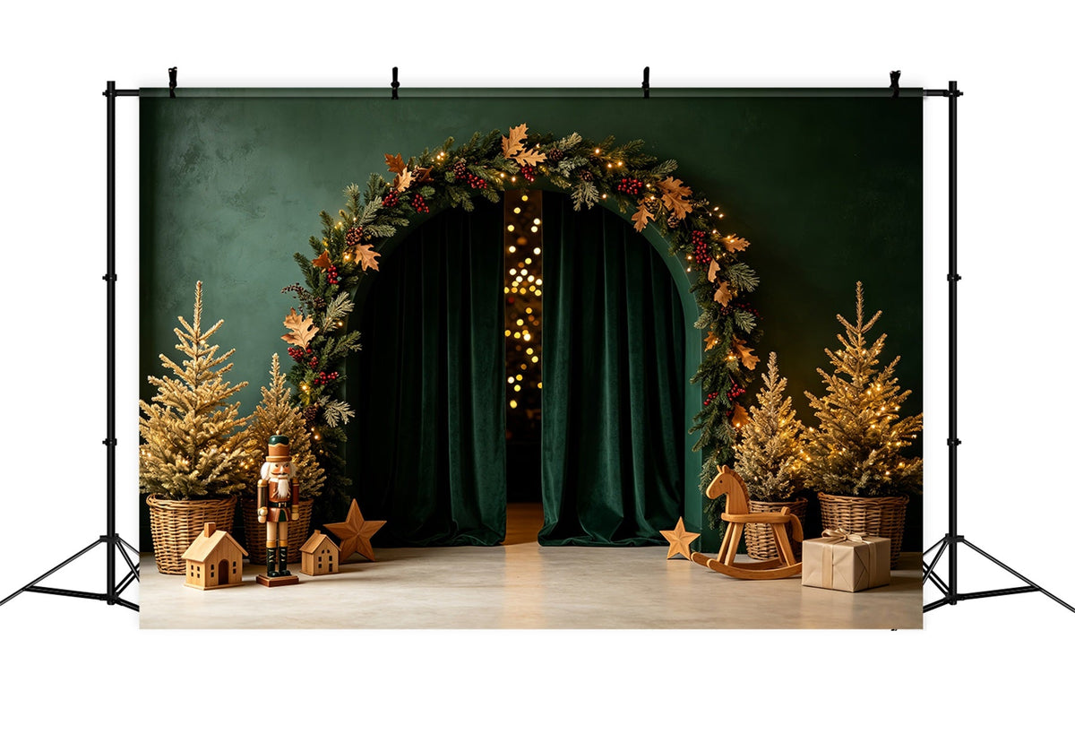 Grüne Weihnachtskulisse Smaragdgrüner Bogen Nussknacker-Dekor Weihnachtshintergrund Für Fotografie CSH69-3