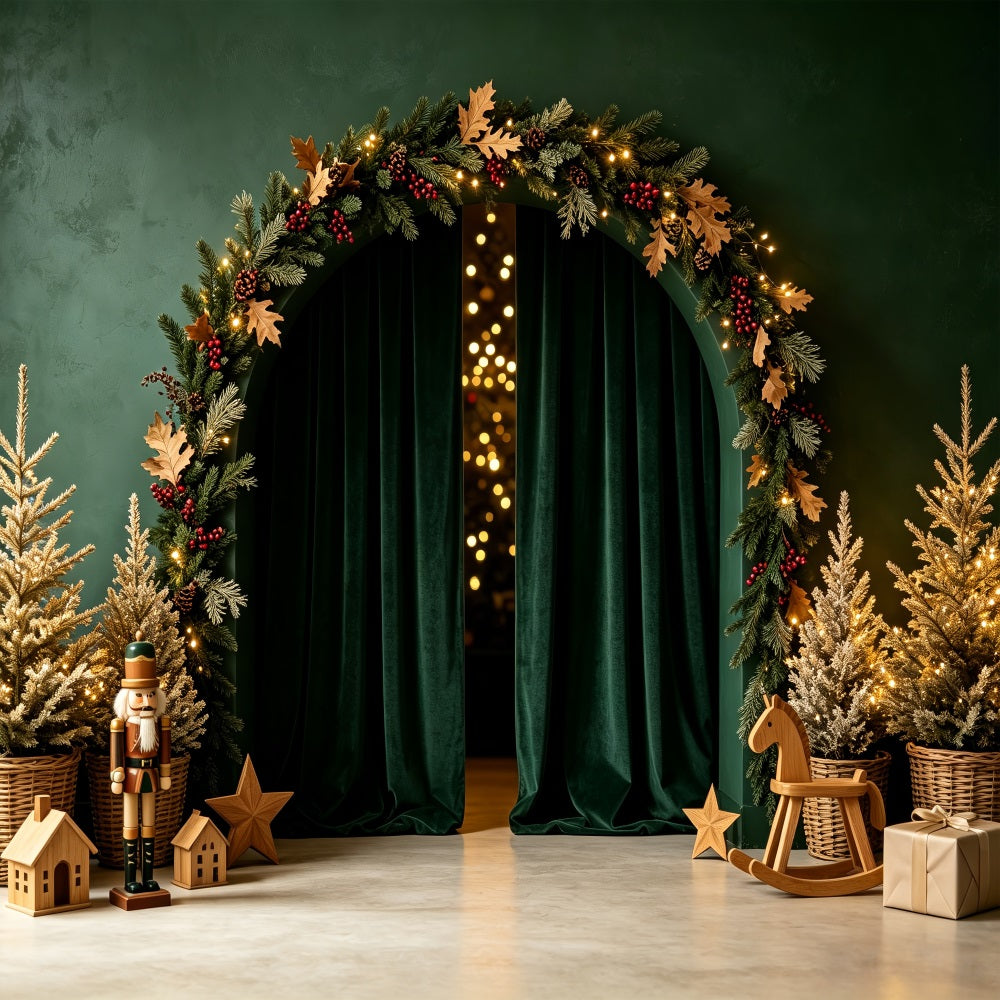 Grüne Weihnachtskulisse Smaragdgrüner Bogen Nussknacker-Dekor Weihnachtshintergrund Für Fotografie CSH69-3