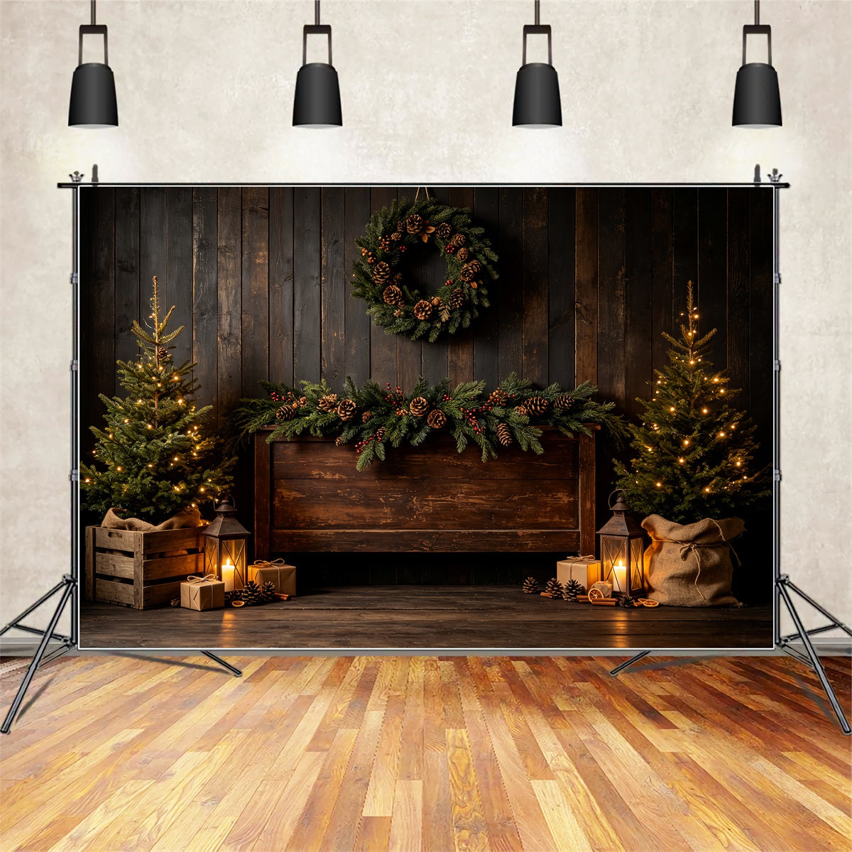 Weihnachtskulisse Aus Holz Rustikale Kiefernlaternen-Ausstellung Weihnachtshintergrund CSH69-30