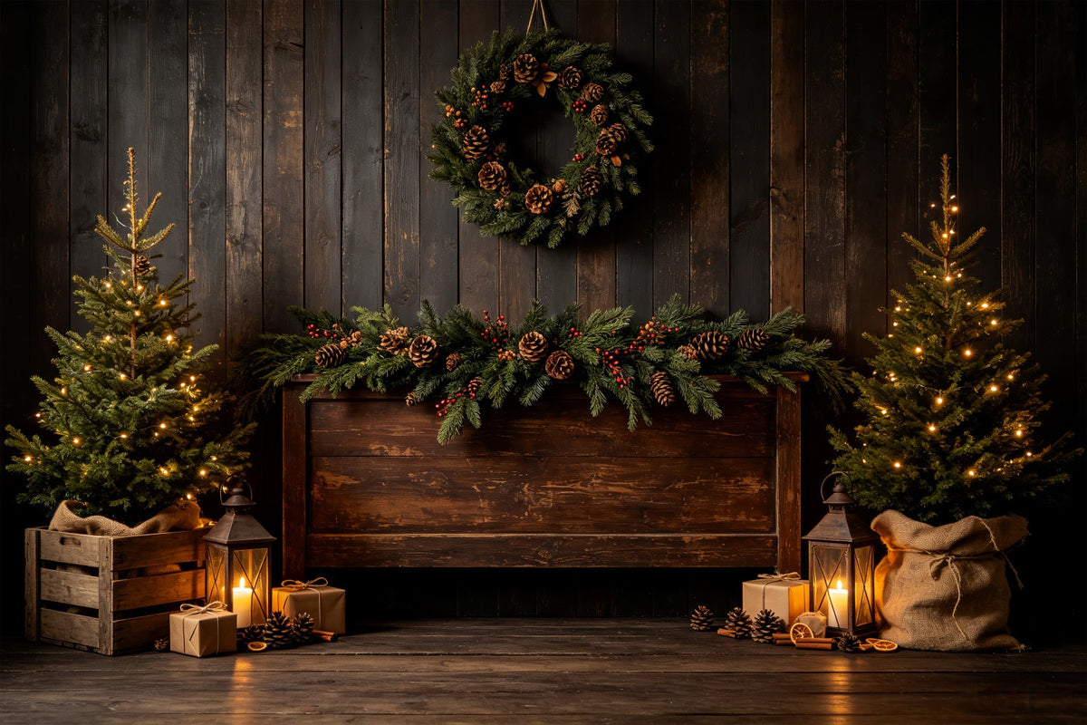 Weihnachtskulisse Aus Holz Rustikale Kiefernlaternen-Ausstellung Weihnachtshintergrund CSH69-30